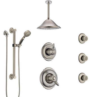 Delta Victorian Dual Thermostatic Control Stainless Steel Finish Shower System with Ceiling Showerhead, 3 Body Jets, Grab Bar Hand Spray SS17T552SS7