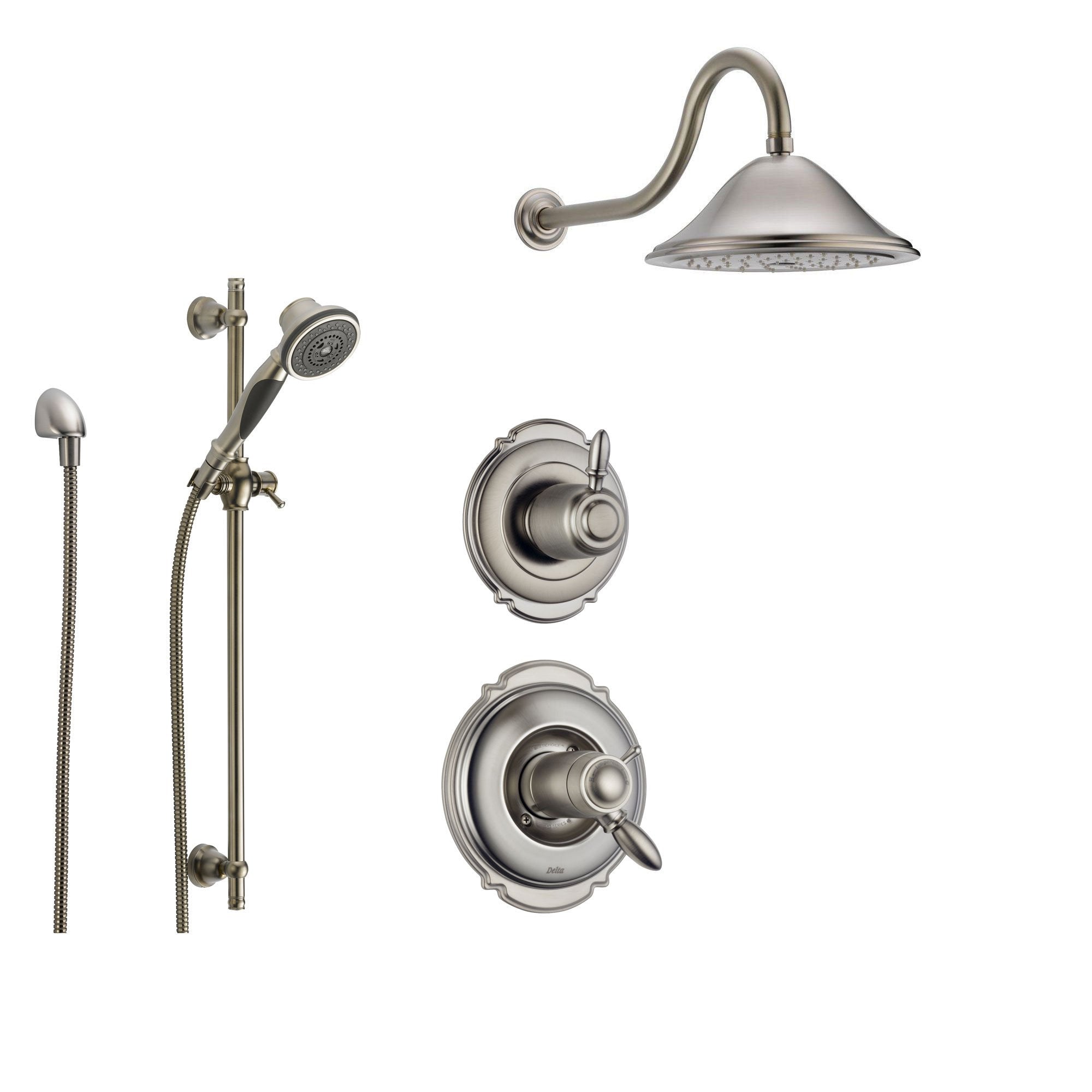 Delta Victorian Stainless Steel Shower System with Thermostatic Shower Handle, 3-setting Diverter, Large Rain Showerhead, and Handheld Shower SS17T5582SS