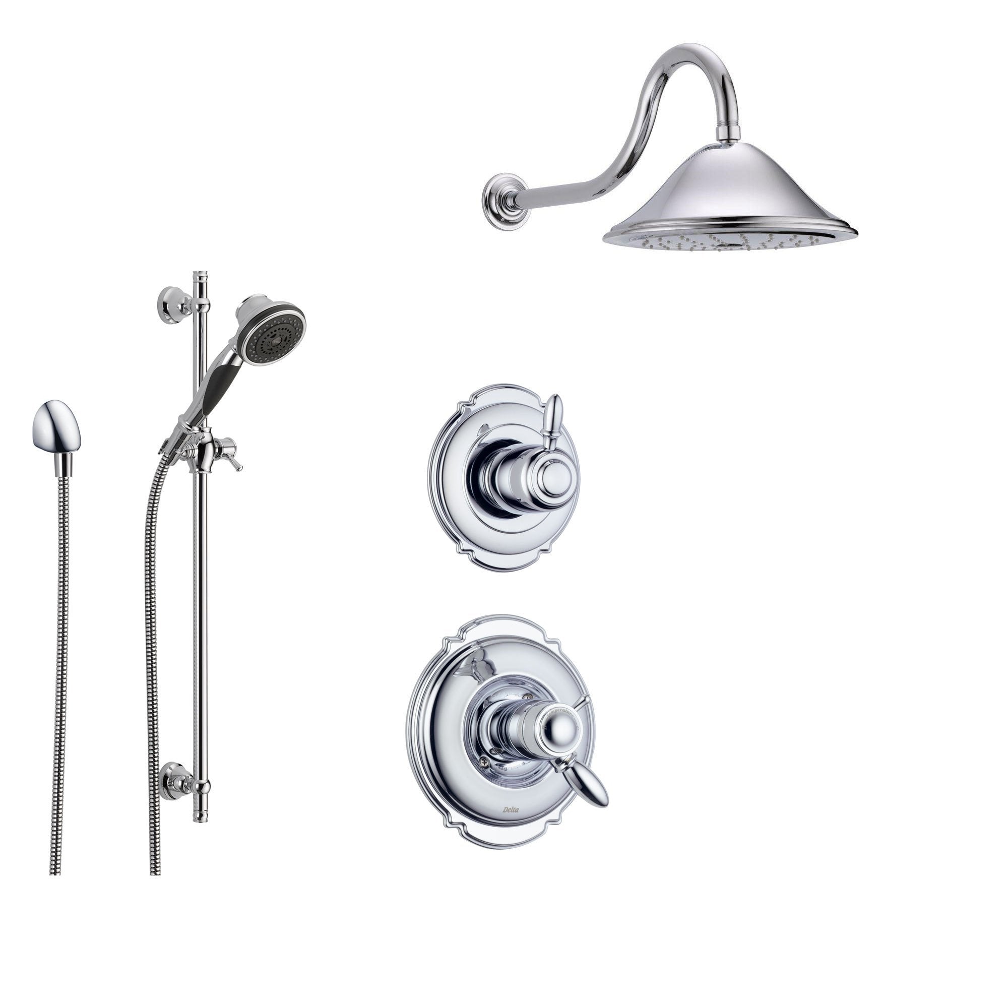 Delta Victorian Chrome Shower System with Thermostatic Shower Handle, 3-setting Diverter, Large Rain Showerhead, and Handheld Shower SS17T5582