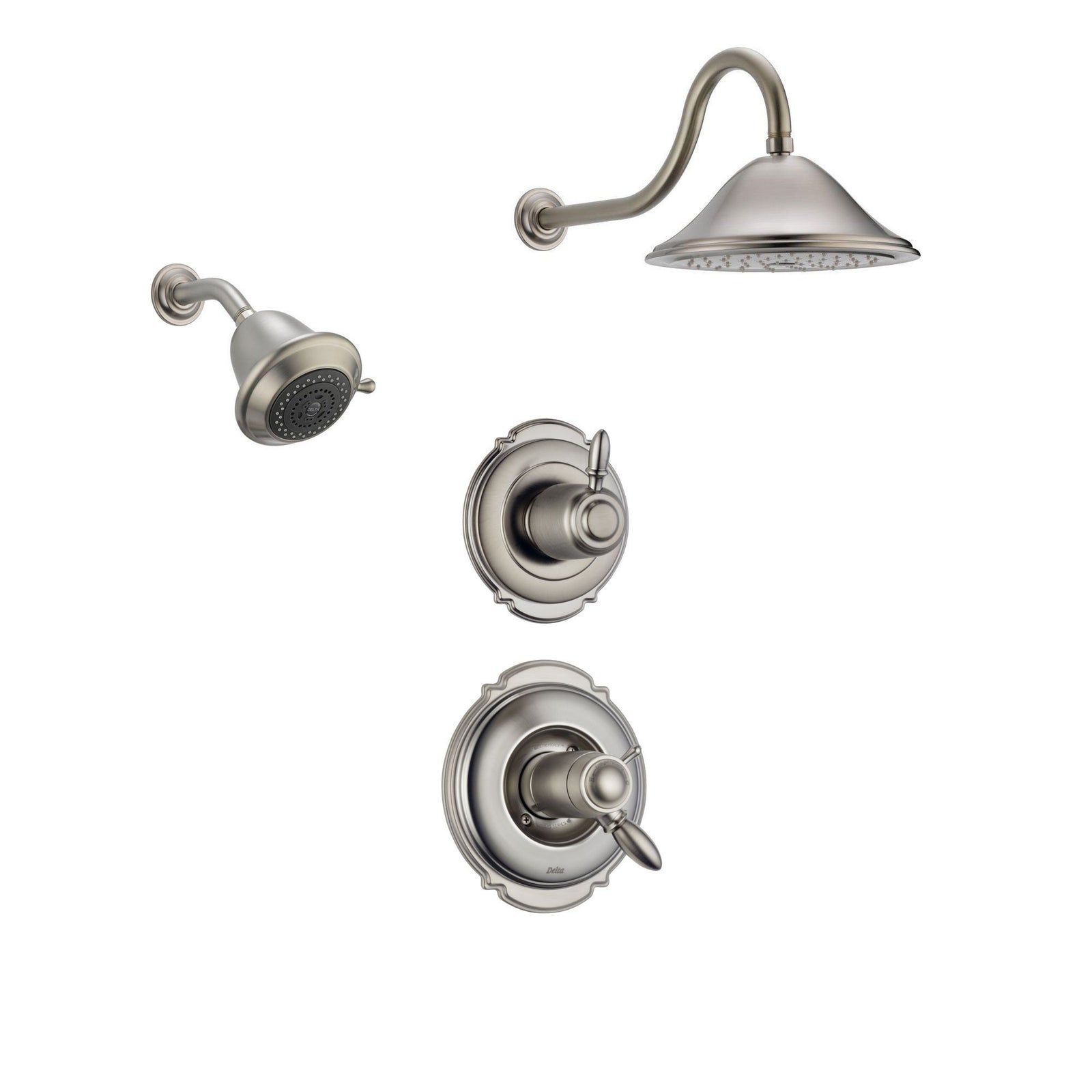 Delta Victorian Stainless Steel Shower System with Thermostatic Shower Handle, 3-setting Diverter, Large Rain Showerhead, and Smaller Wall Mount Showerhead SS17T5583SS