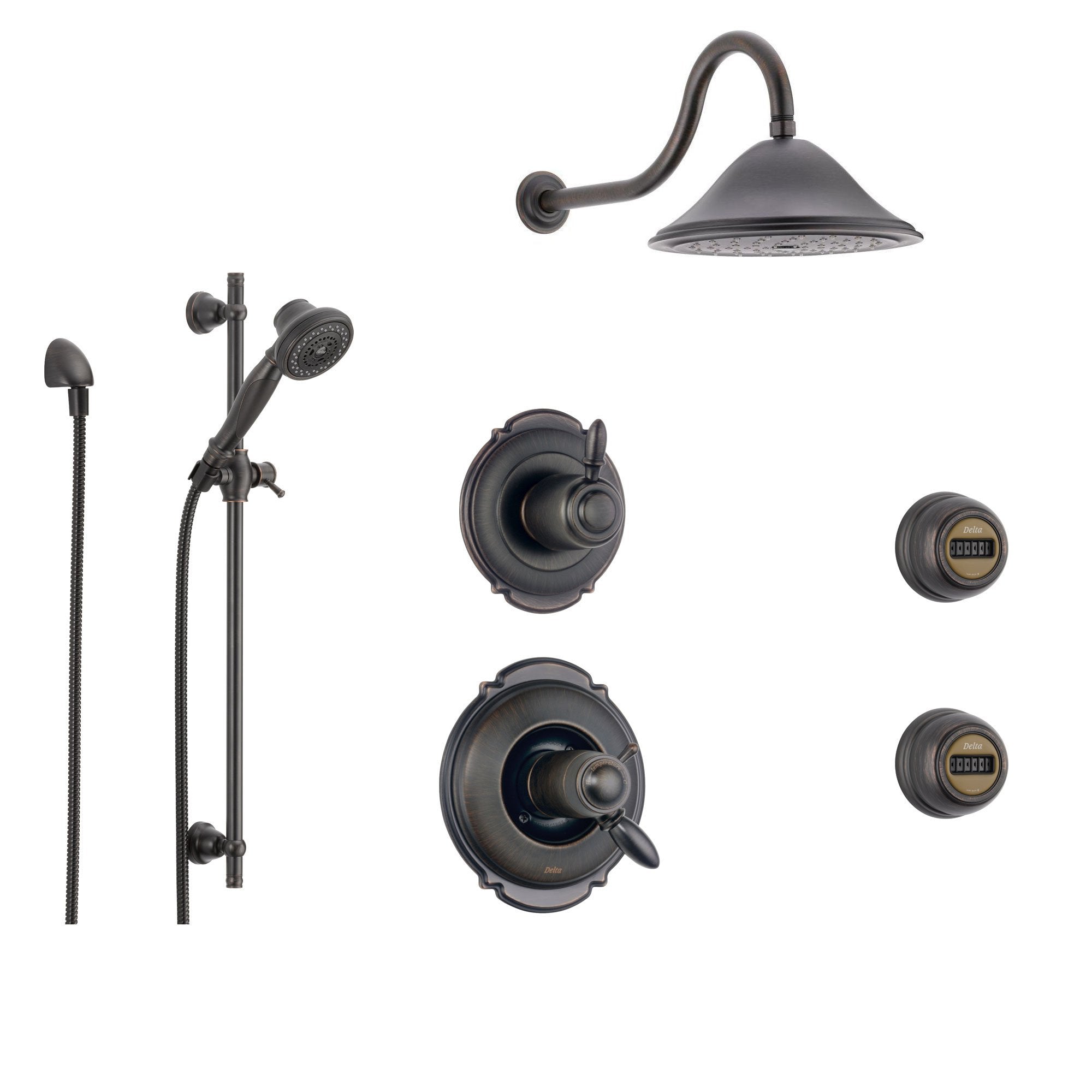 Delta Victorian Venetian Bronze Shower System with Thermostatic Shower Handle, 6-setting Diverter, Large Rain Showerhead, Handheld Shower, and 2 Body Sprays SS17T5592RB
