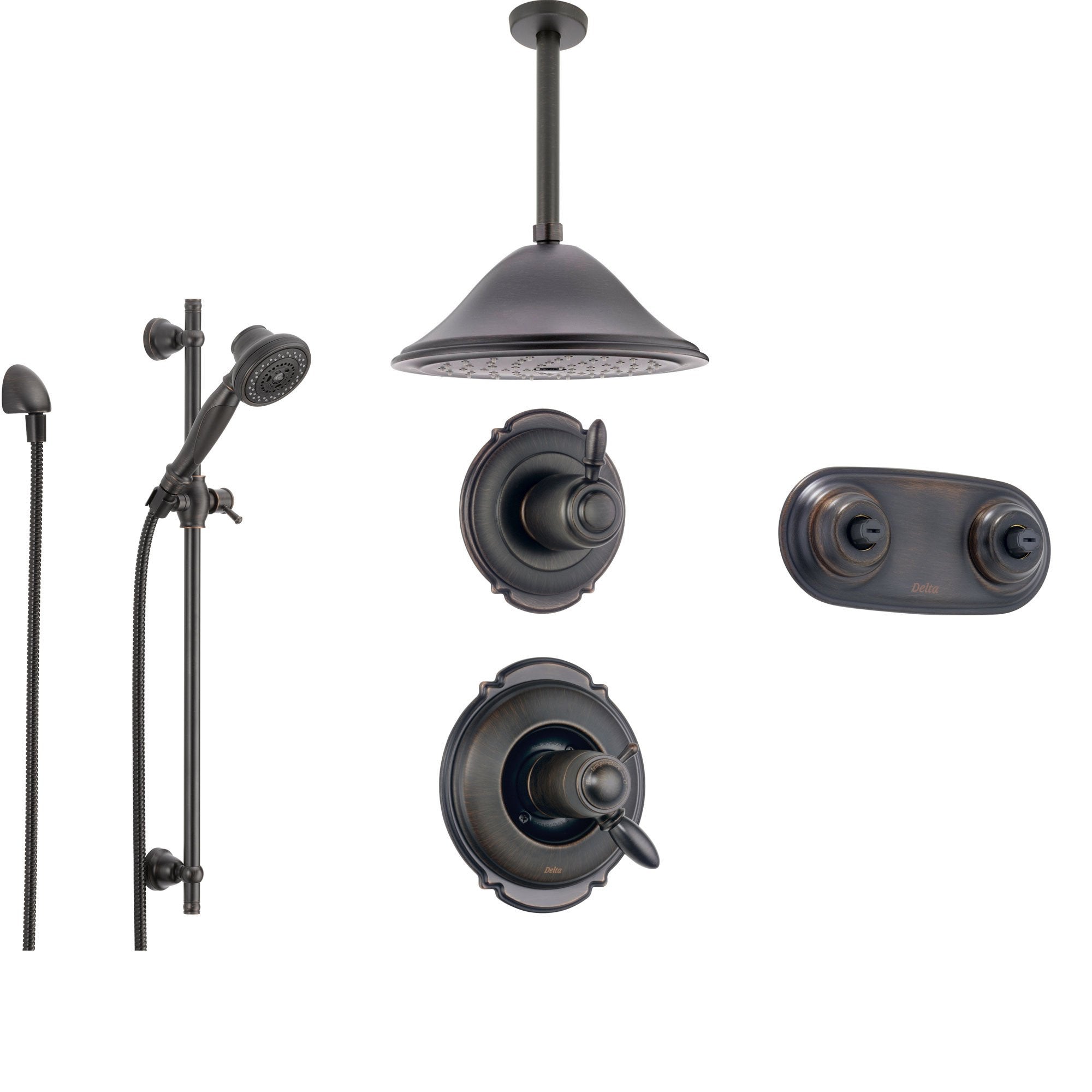 Delta Victorian Venetian Bronze Shower System with Thermostatic Shower Handle, 6-setting Diverter, Large Ceiling Mount Showerhead, Handheld Shower, and Dual Body Spray Plate SS17T5593RB