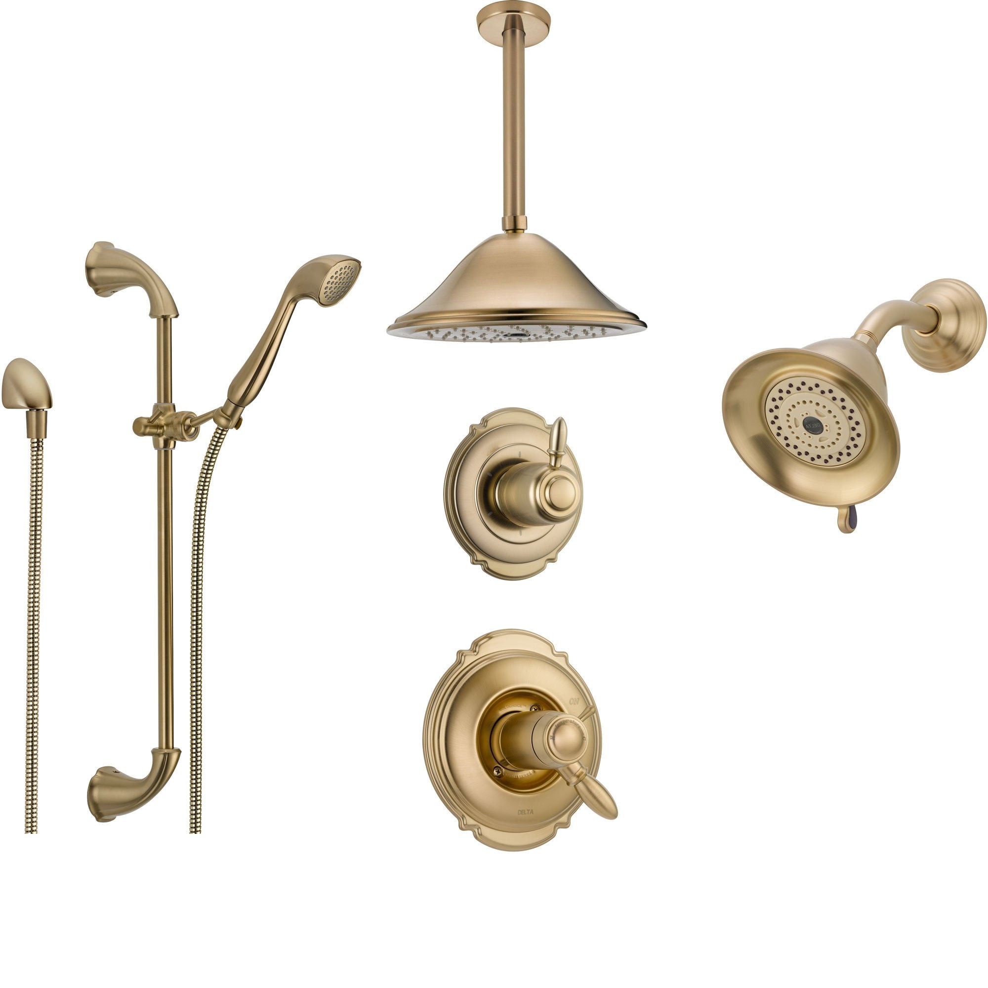 Delta Victorian Champagne Bronze Shower System with Thermostatic Shower Handle, 6-setting Diverter, Large Ceiling Mount Rain Showerhead, Handheld Shower, and Wall Mount Showerhead SS17T5594CZ