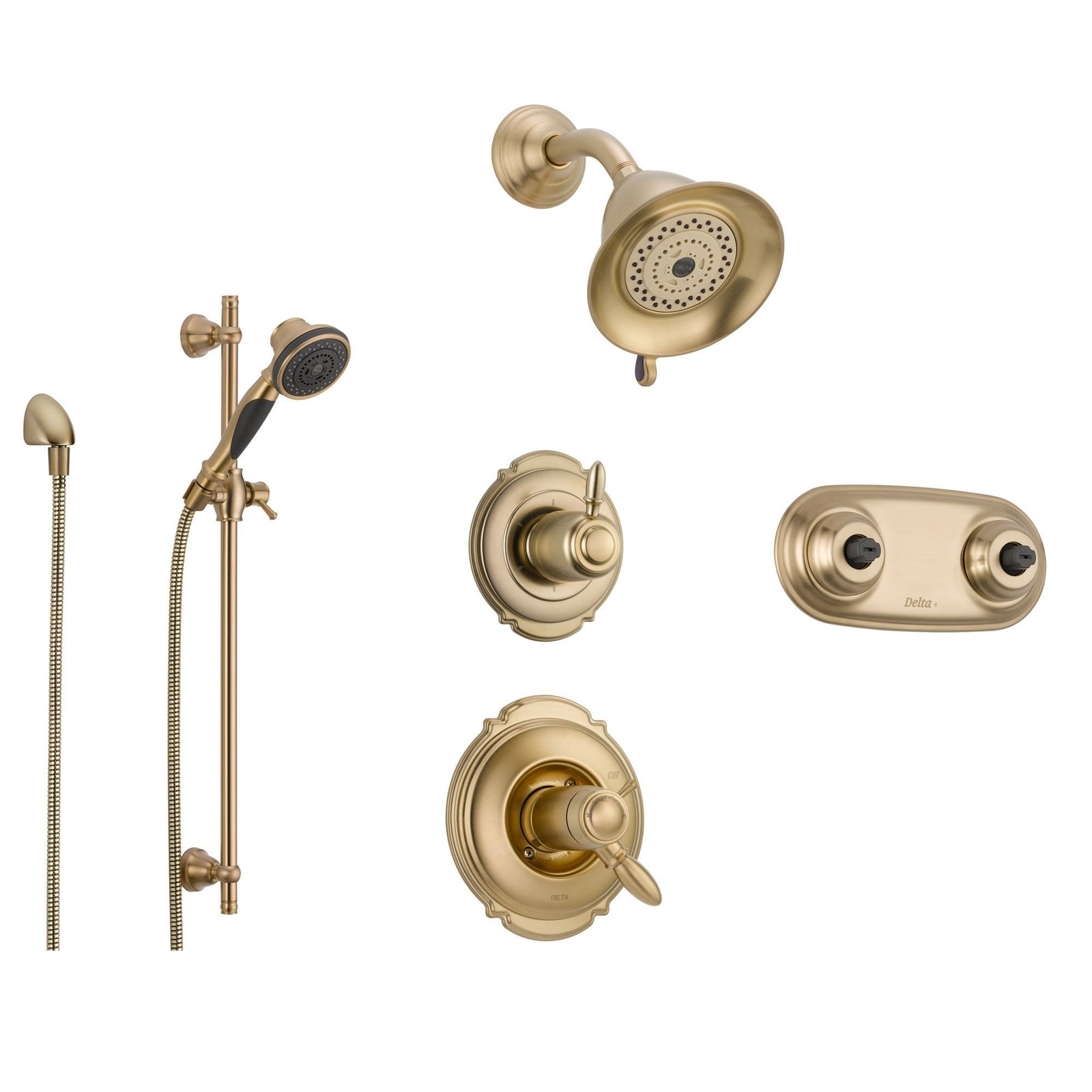 Delta Victorian Champagne Bronze Shower System with Thermostatic Shower Handle, 6-setting Diverter, Showerhead, Handheld Shower, and 2 Body Spray Shower Plate SS17T5595CZ