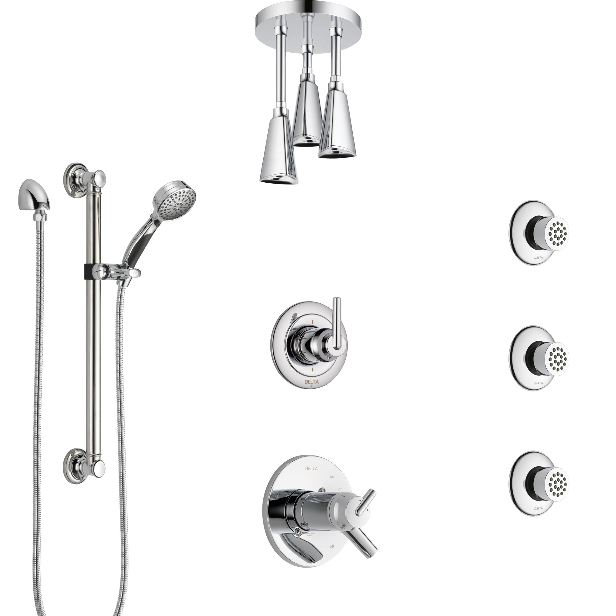 Delta Trinsic Chrome Shower System with Dual Thermostatic Control, Diverter, Ceiling Showerhead, 3 Body Sprays, and Grab Bar Hand Shower SS17T5913