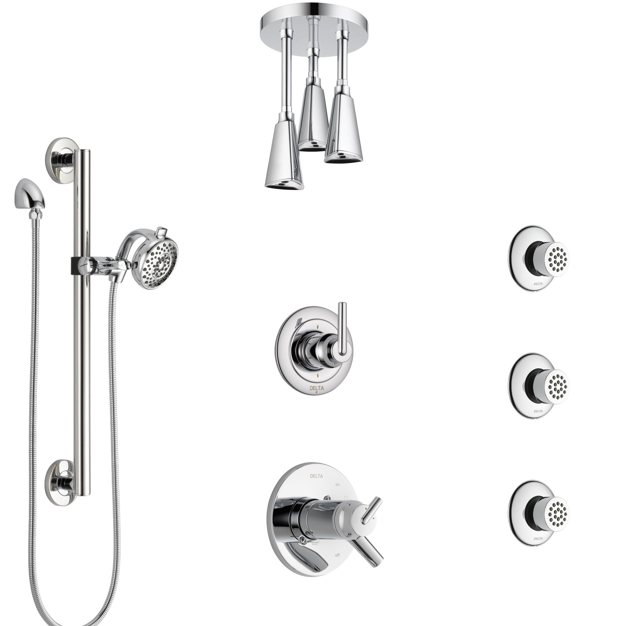 Delta Trinsic Chrome Shower System with Dual Thermostatic Control, Diverter, Ceiling Showerhead, 3 Body Sprays, and Grab Bar Hand Shower SS17T5918