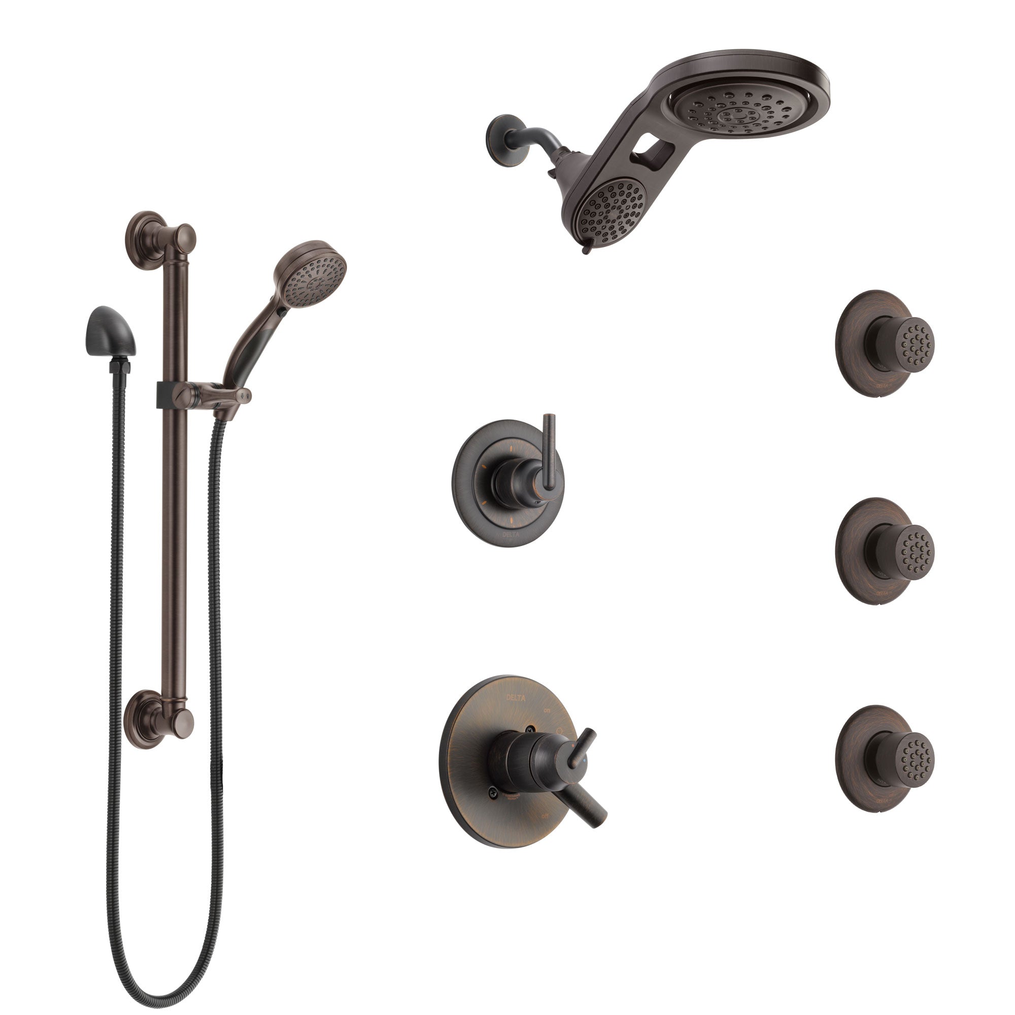 Delta Trinsic Venetian Bronze Dual Thermostatic Control Shower System, Diverter, Dual Showerhead, 3 Body Sprays, and Grab Bar Hand Spray SS17T591RB1