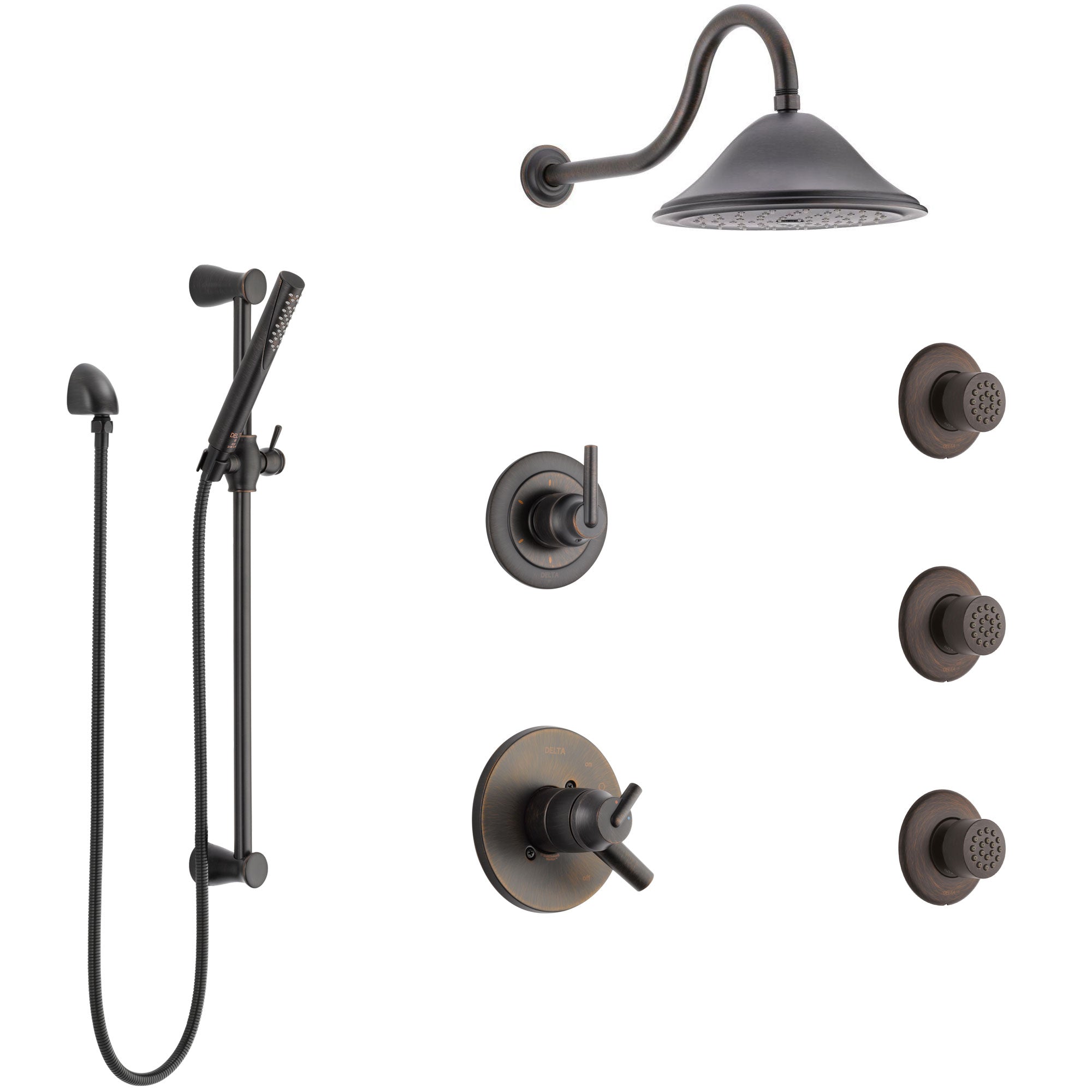 Delta Trinsic Venetian Bronze Shower System with Dual Thermostatic Control, 6-Setting Diverter, Showerhead, 3 Body Sprays, and Hand Shower SS17T591RB3