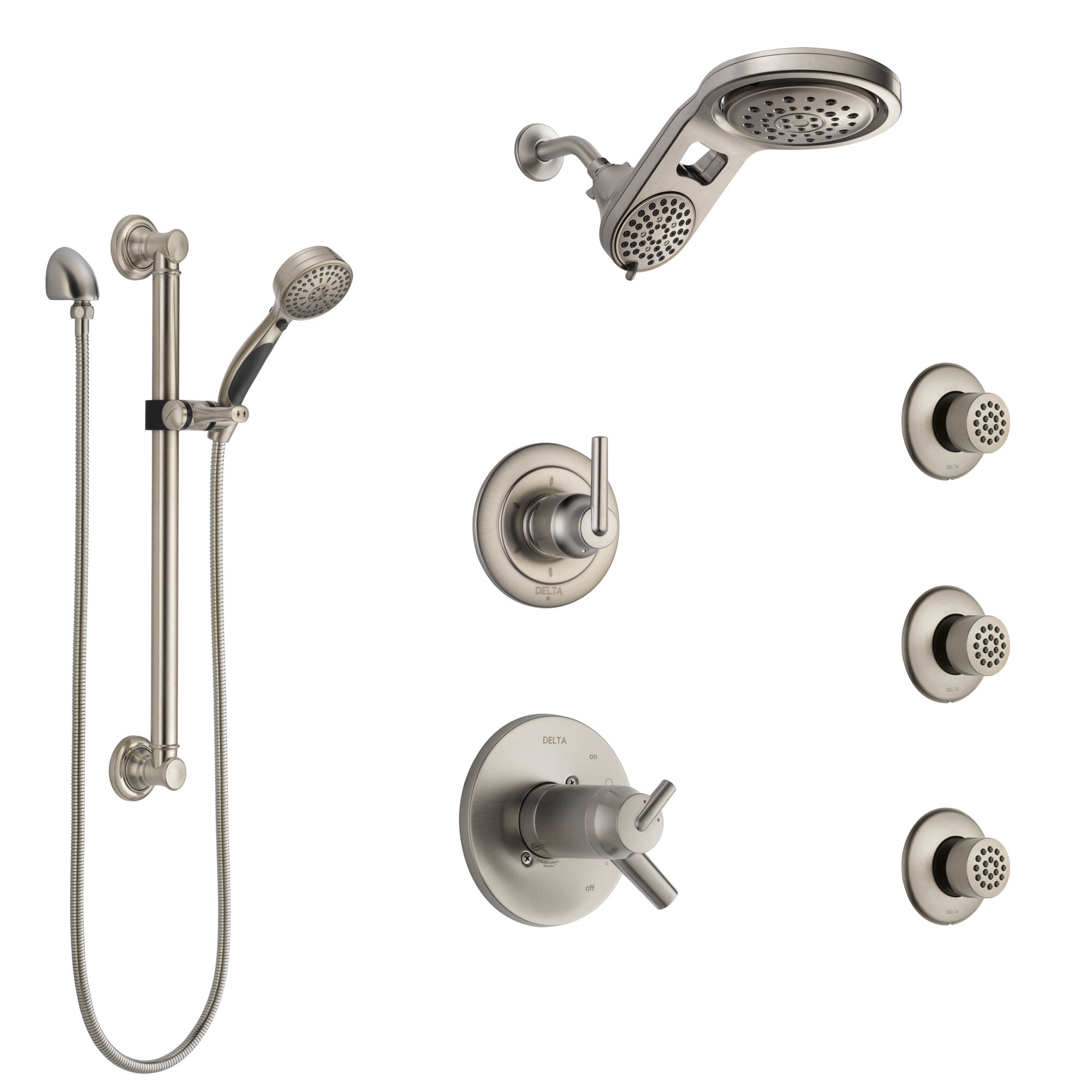 Delta Trinsic Dual Thermostatic Control Stainless Steel Finish Shower System, Diverter, Dual Showerhead, 3 Body Jets, Grab Bar Hand Spray SS17T591SS2