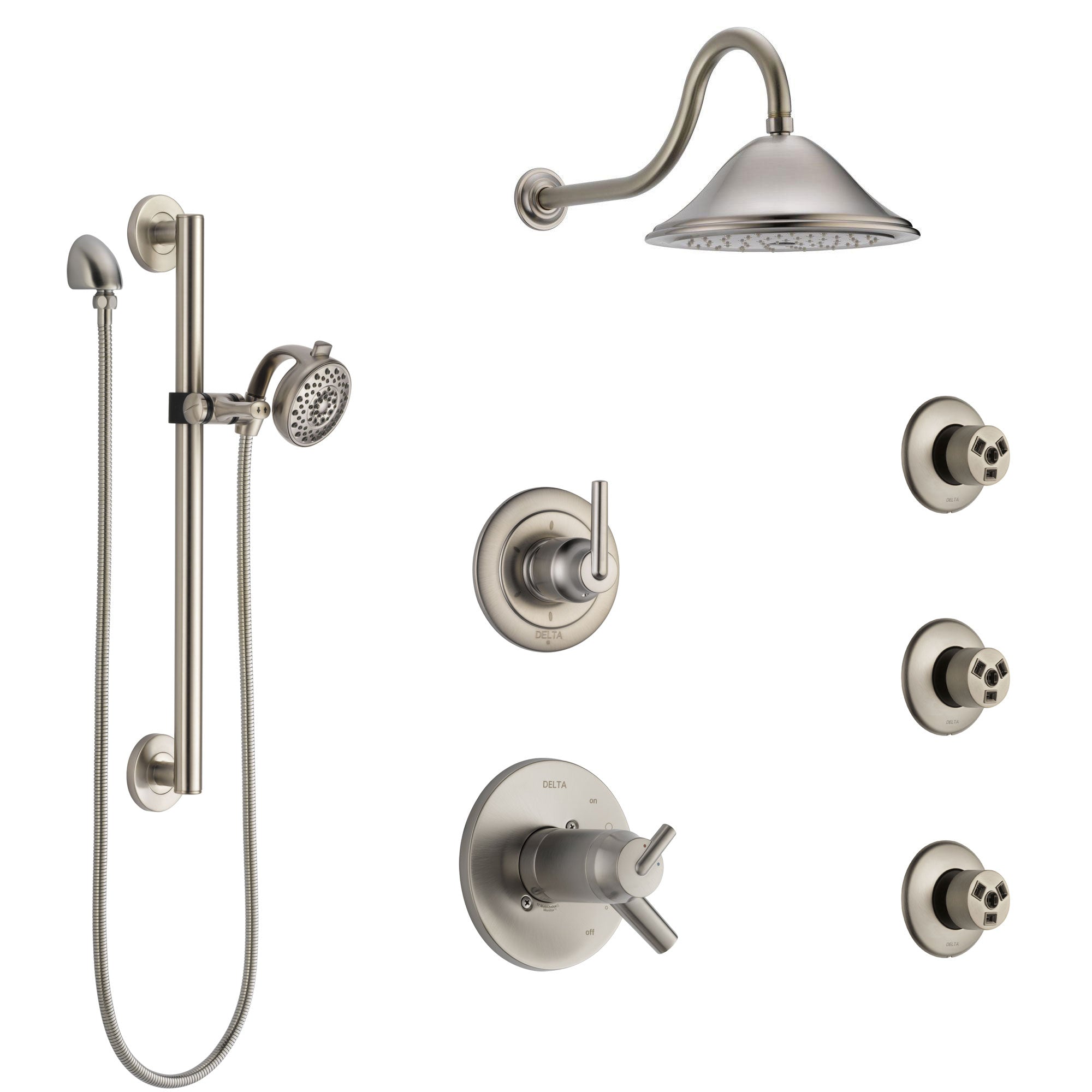 Delta Trinsic Dual Thermostatic Control Stainless Steel Finish Shower System, Diverter, Showerhead, 3 Body Sprays, and Grab Bar Hand Spray SS17T591SS7