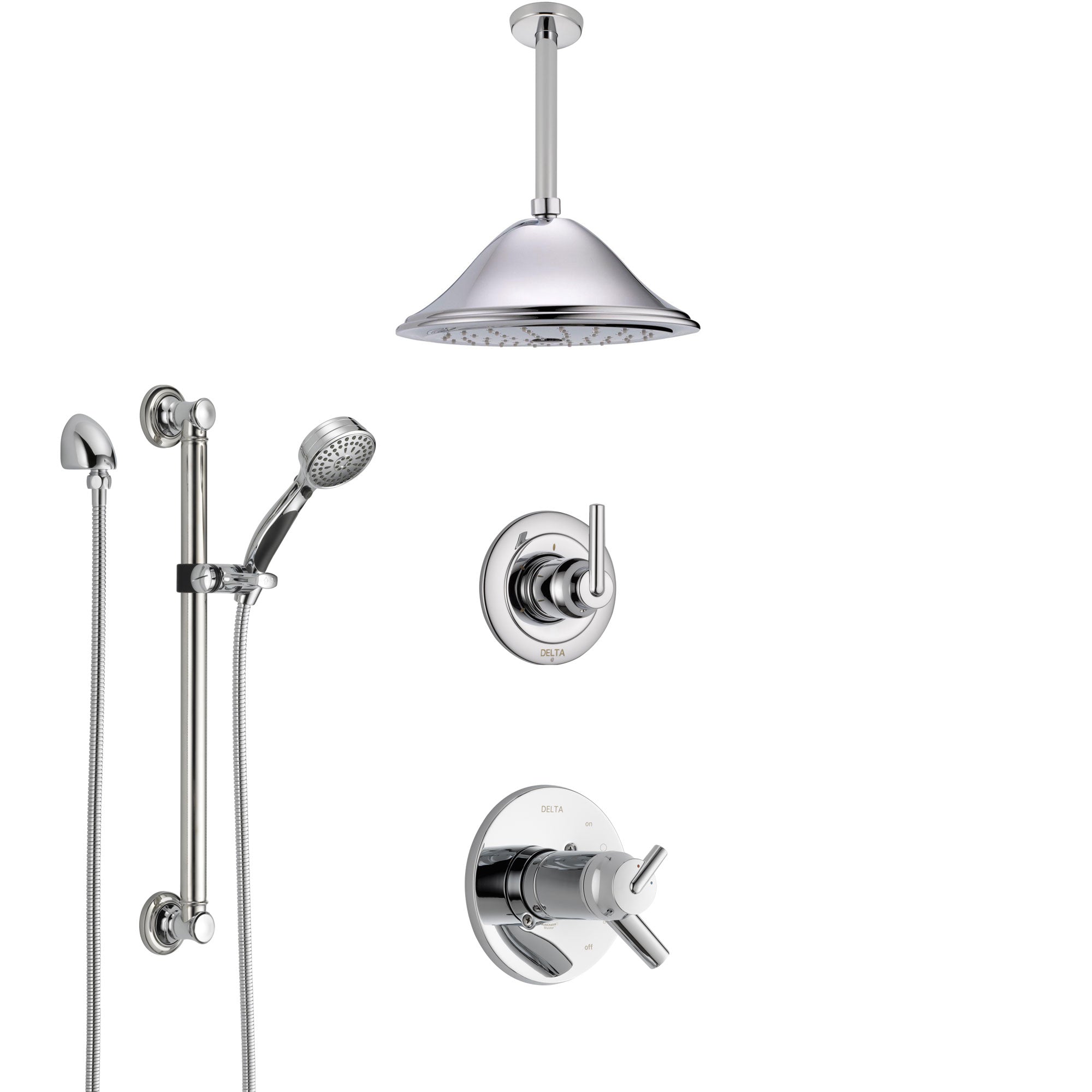 Delta Trinsic Chrome Shower System with Dual Thermostatic Control Handle, Diverter, Ceiling Mount Showerhead, and Hand Shower with Grab Bar SS17T5924