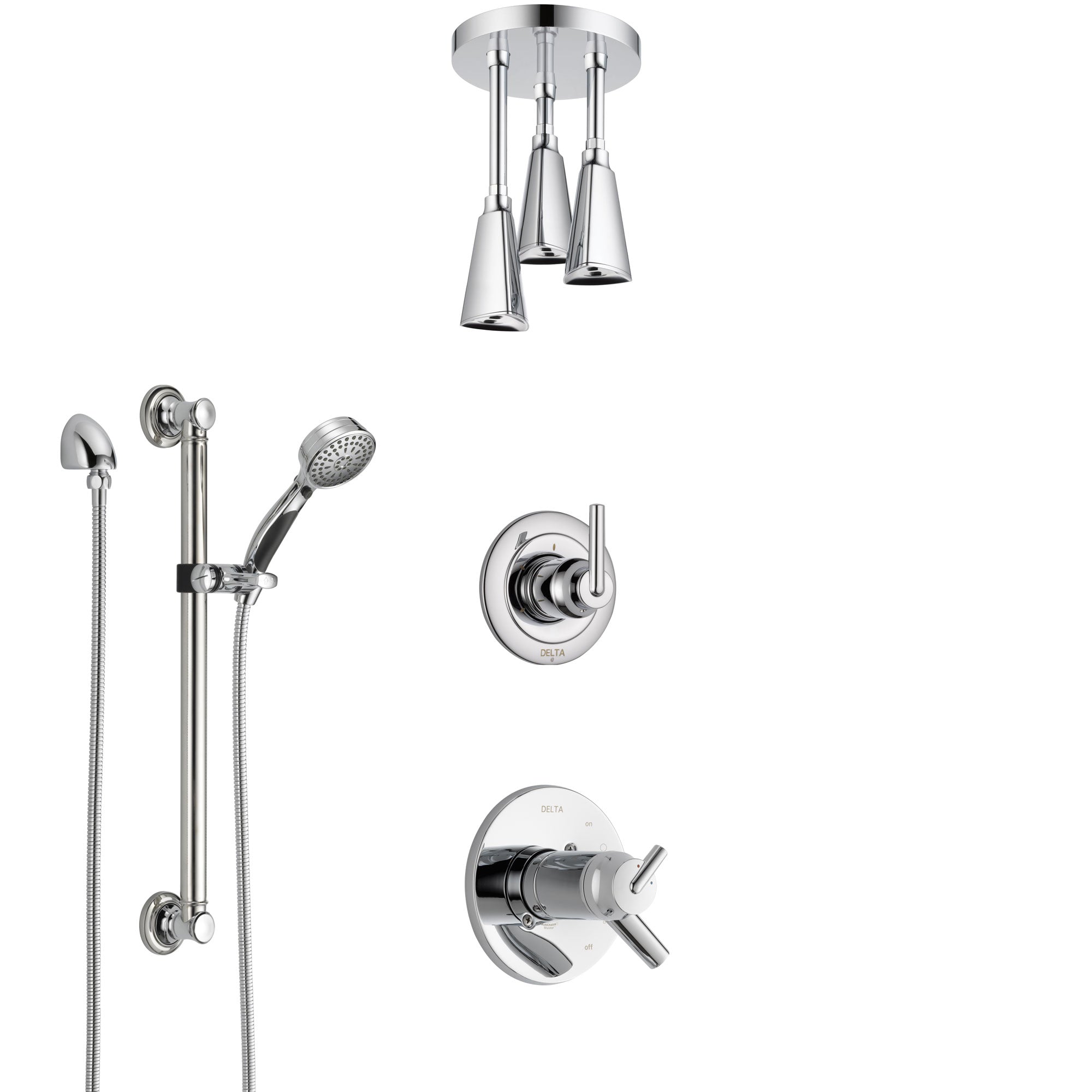 Delta Trinsic Chrome Shower System with Dual Thermostatic Control Handle, Diverter, Ceiling Mount Showerhead, and Hand Shower with Grab Bar SS17T5925