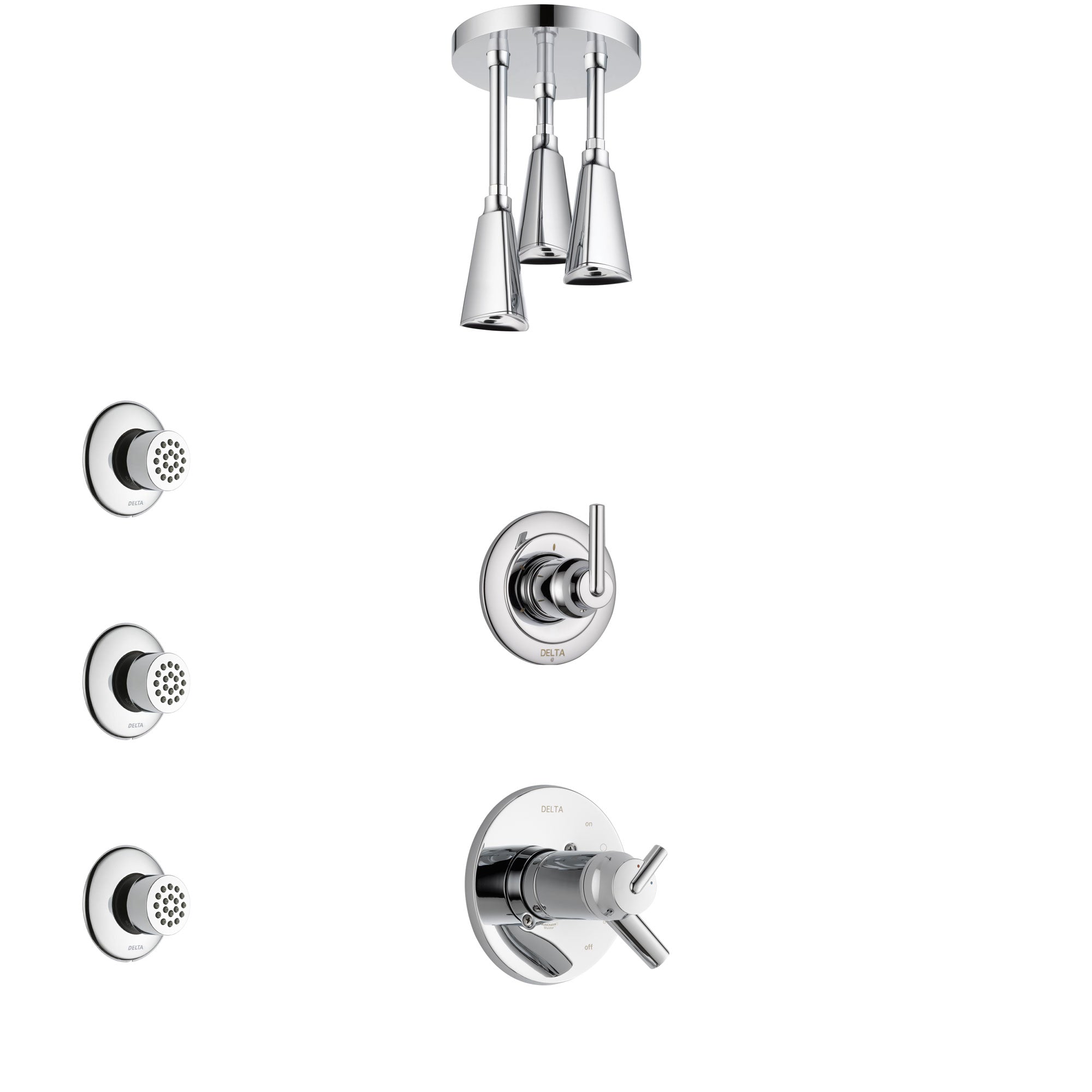 Delta Trinsic Chrome Finish Shower System with Dual Thermostatic Control Handle, Diverter, Ceiling Mount Showerhead, and 3 Body Sprays SS17T5926
