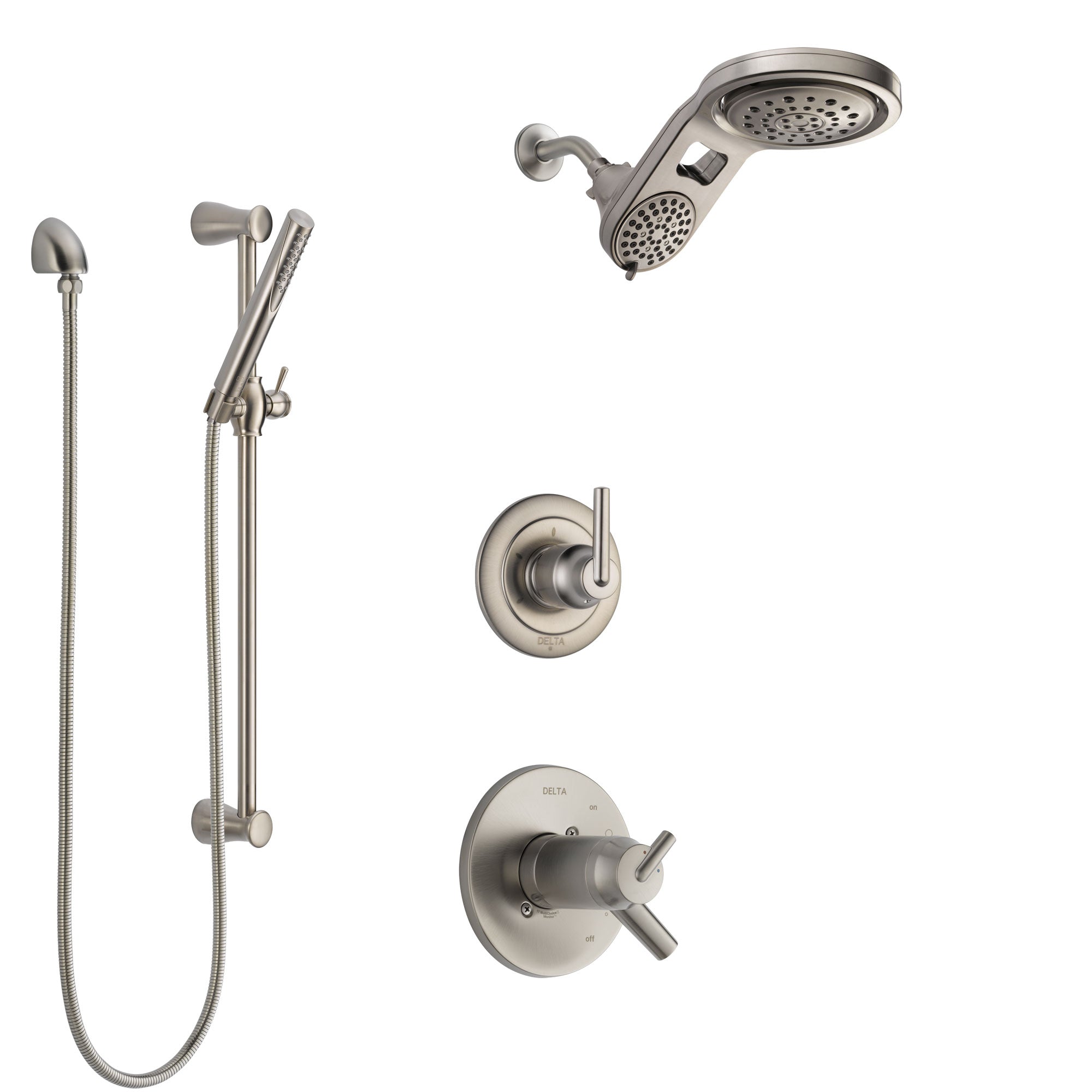 Delta Trinsic Dual Thermostatic Control Handle Stainless Steel Finish Shower System, Diverter, Dual Showerhead, and Hand Shower SS17T592SS8