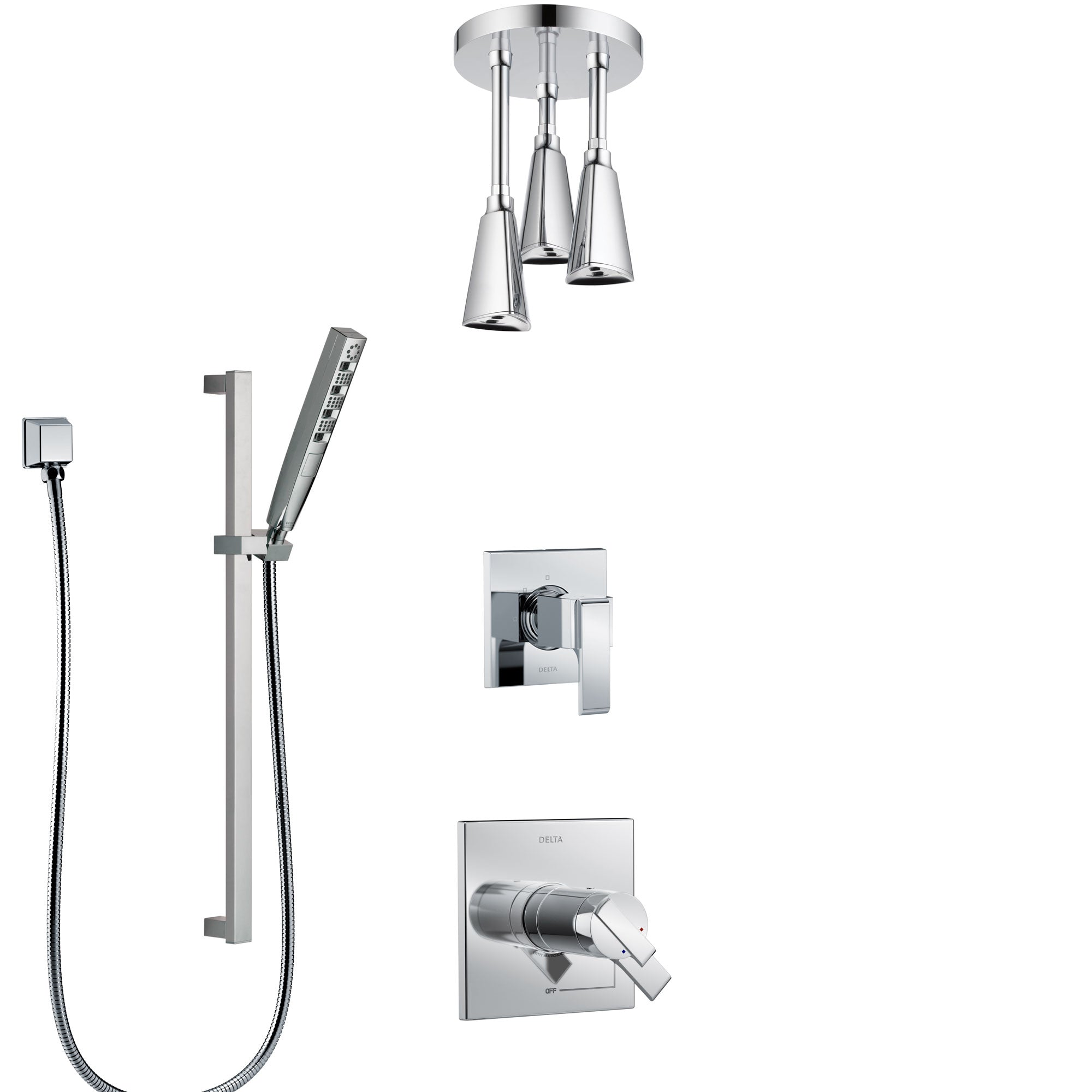 Delta Ara Chrome Finish Shower System with Dual Thermostatic Control Handle, Diverter, Ceiling Mount Showerhead, and Hand Shower SS17T6714