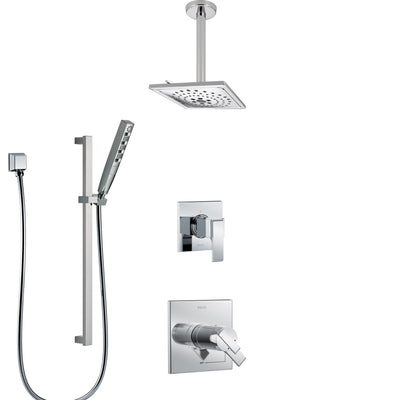 Delta Ara Chrome Finish Shower System with Dual Thermostatic Control Handle, Diverter, Ceiling Mount Showerhead, and Hand Shower SS17T6715