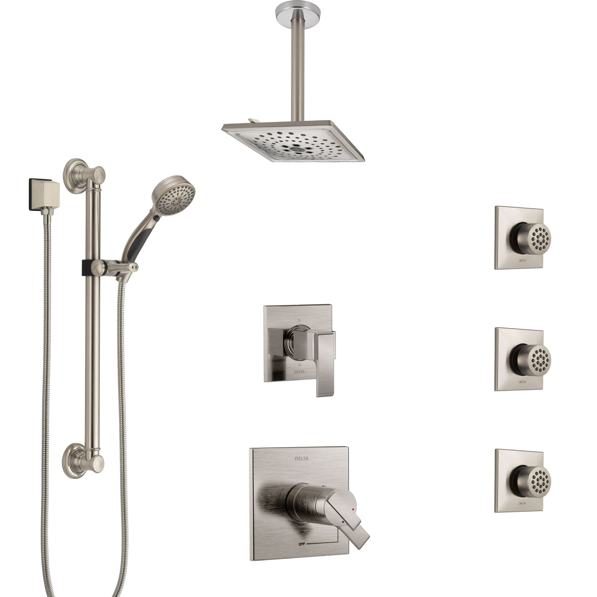 Delta Ara Dual Thermostatic Control Stainless Steel Finish Shower System, Diverter, Ceiling Showerhead, 3 Body Sprays, Grab Bar Hand Spray SS17T671SS2
