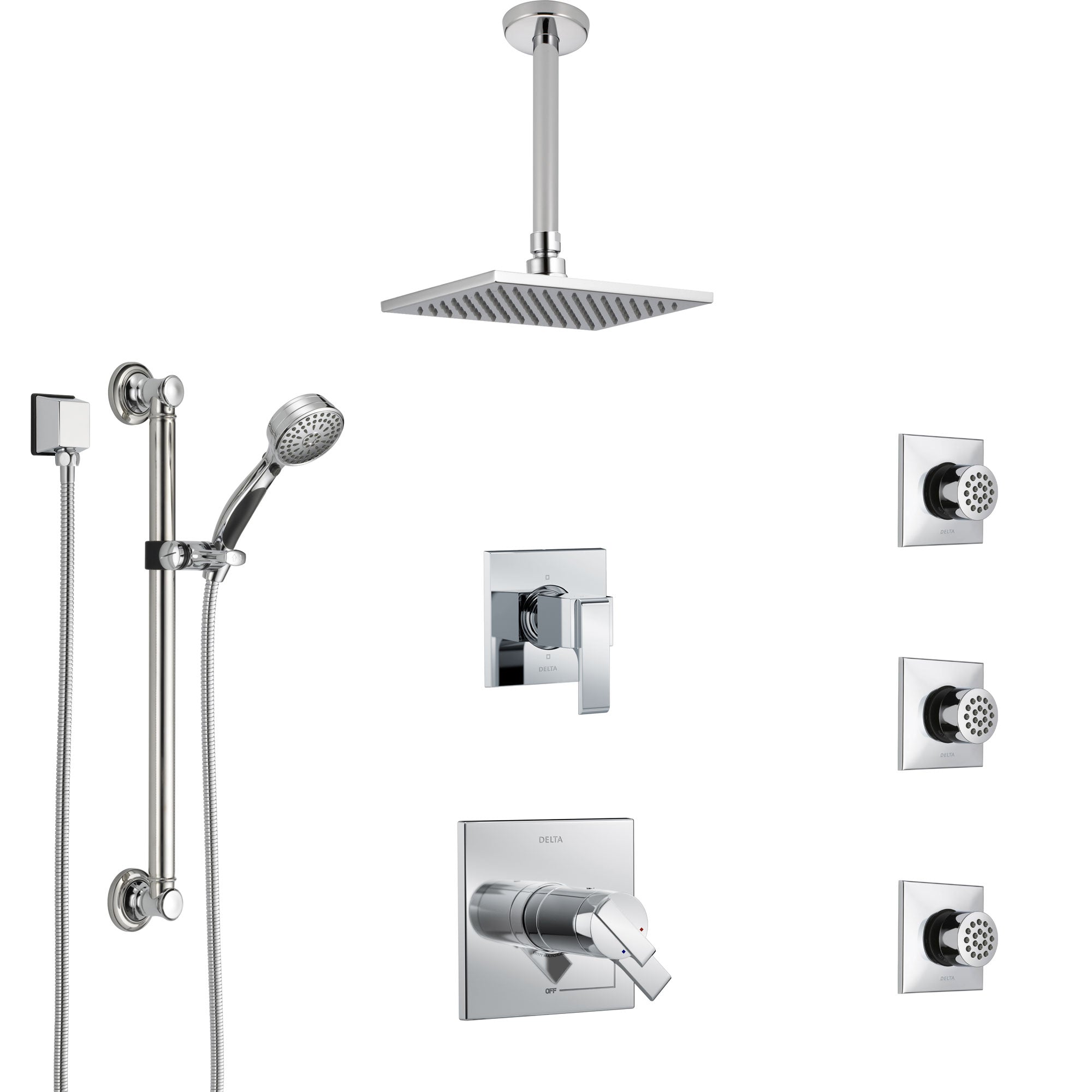 Delta Ara Chrome Shower System with Dual Thermostatic Control, Diverter, Ceiling Mount Showerhead, 3 Body Sprays, and Grab Bar Hand Shower SS17T6721