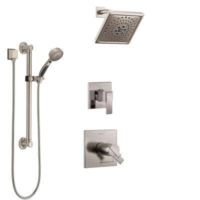 Delta Ara Dual Thermostatic Control Handle Stainless Steel Finish Shower System, Diverter, Showerhead, and Hand Shower with Grab Bar SS17T672SS1