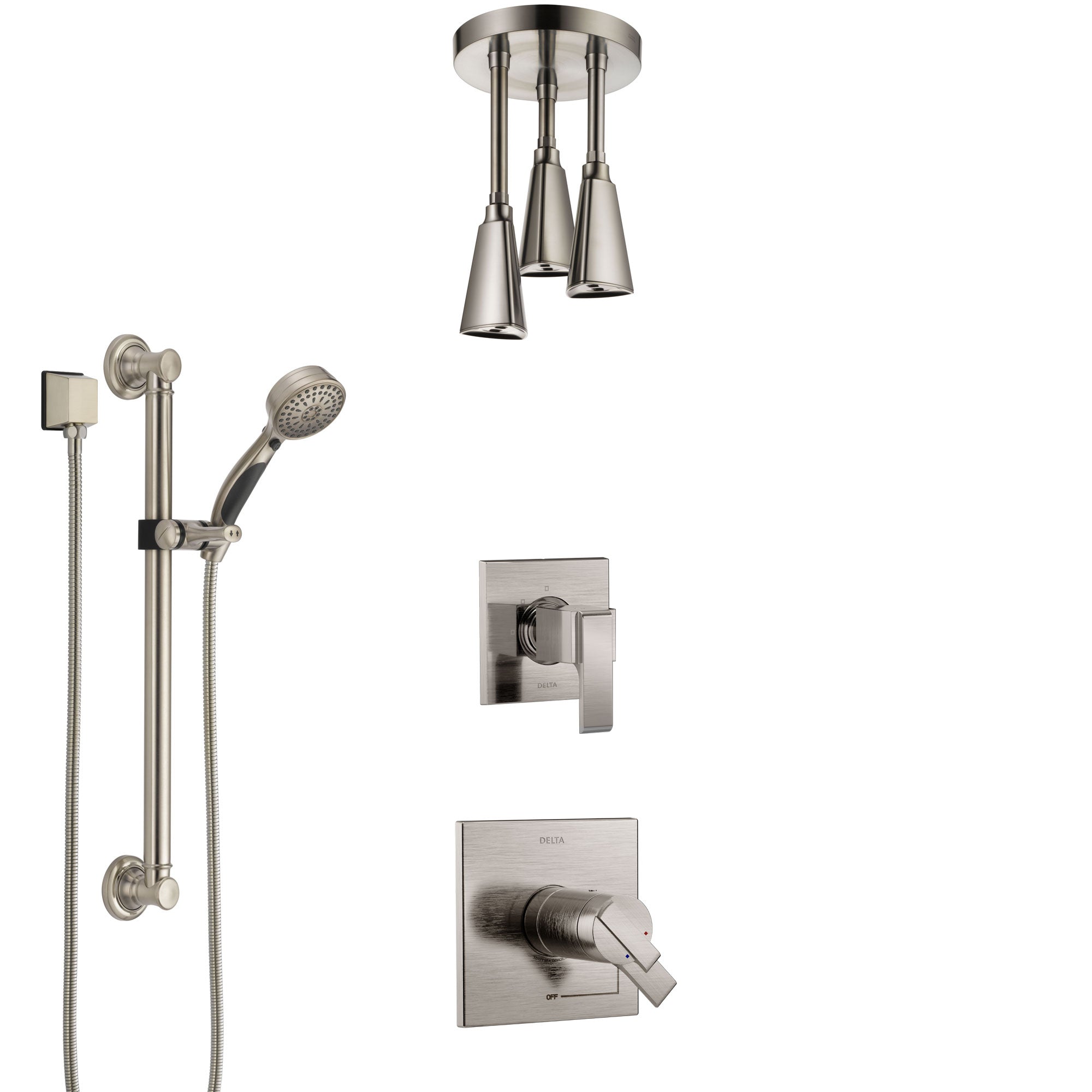 Delta Ara Dual Thermostatic Control Stainless Steel Finish Shower System, Diverter, Ceiling Mount Showerhead, and Grab Bar Hand Shower SS17T672SS4