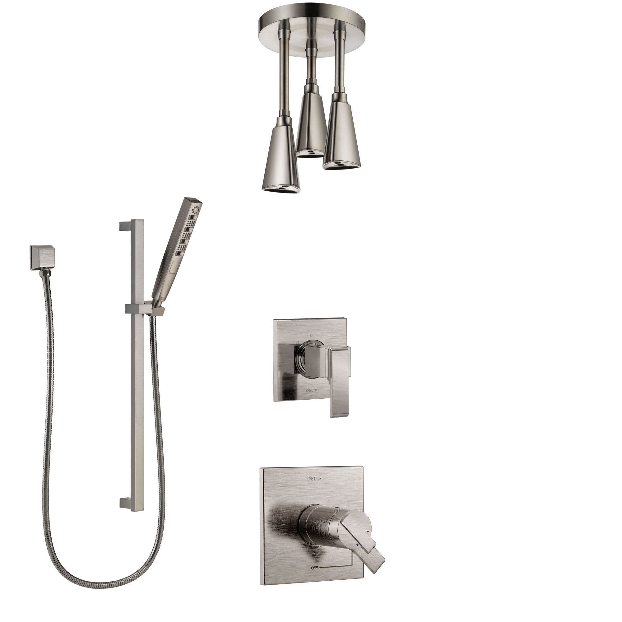 Delta Ara Dual Thermostatic Control Handle Stainless Steel Finish Shower System, Diverter, Ceiling Mount Showerhead, and Hand Shower SS17T672SS6