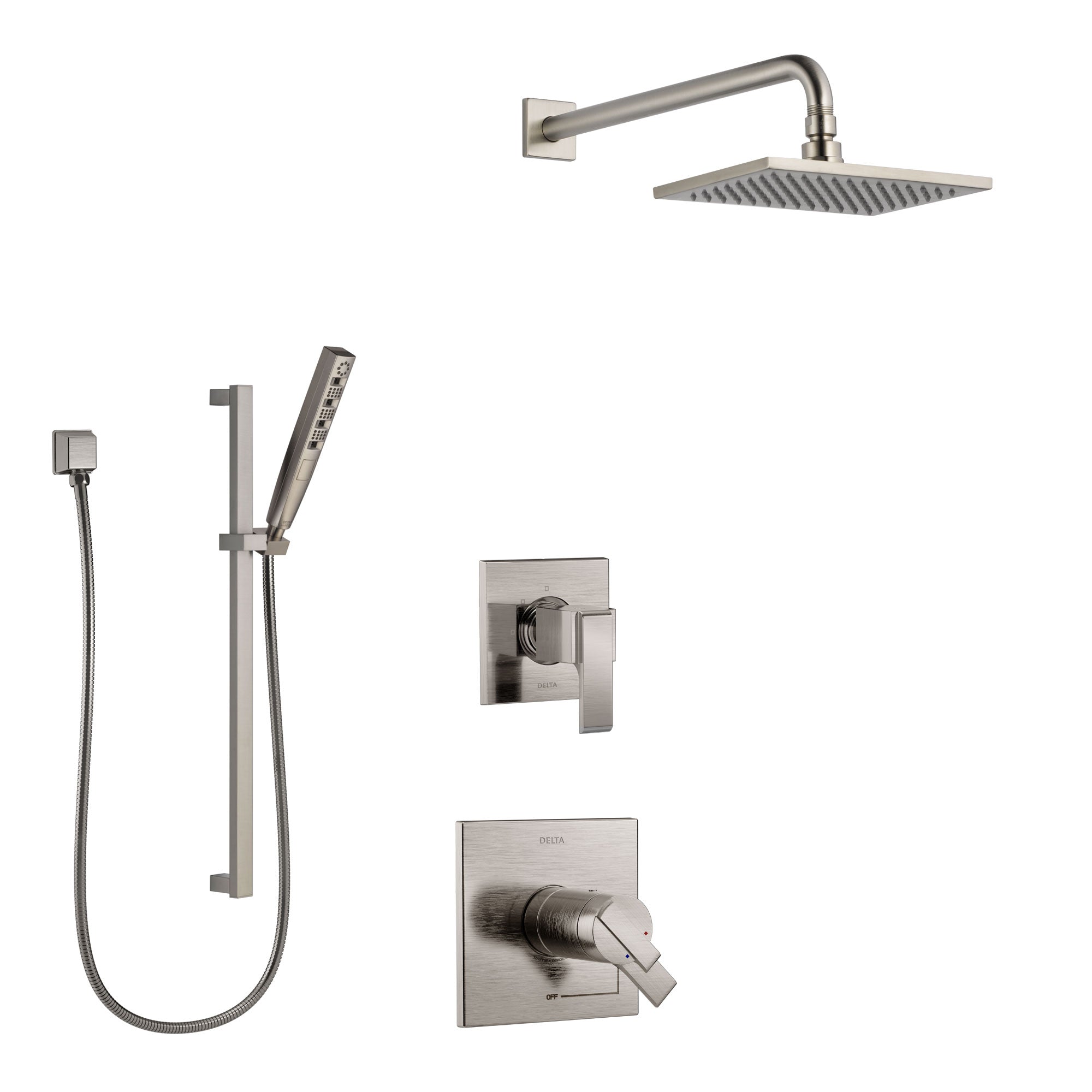 Delta Ara Dual Thermostatic Control Handle Stainless Steel Finish Shower System, Diverter, Showerhead, and Hand Shower with Slidebar SS17T672SS7