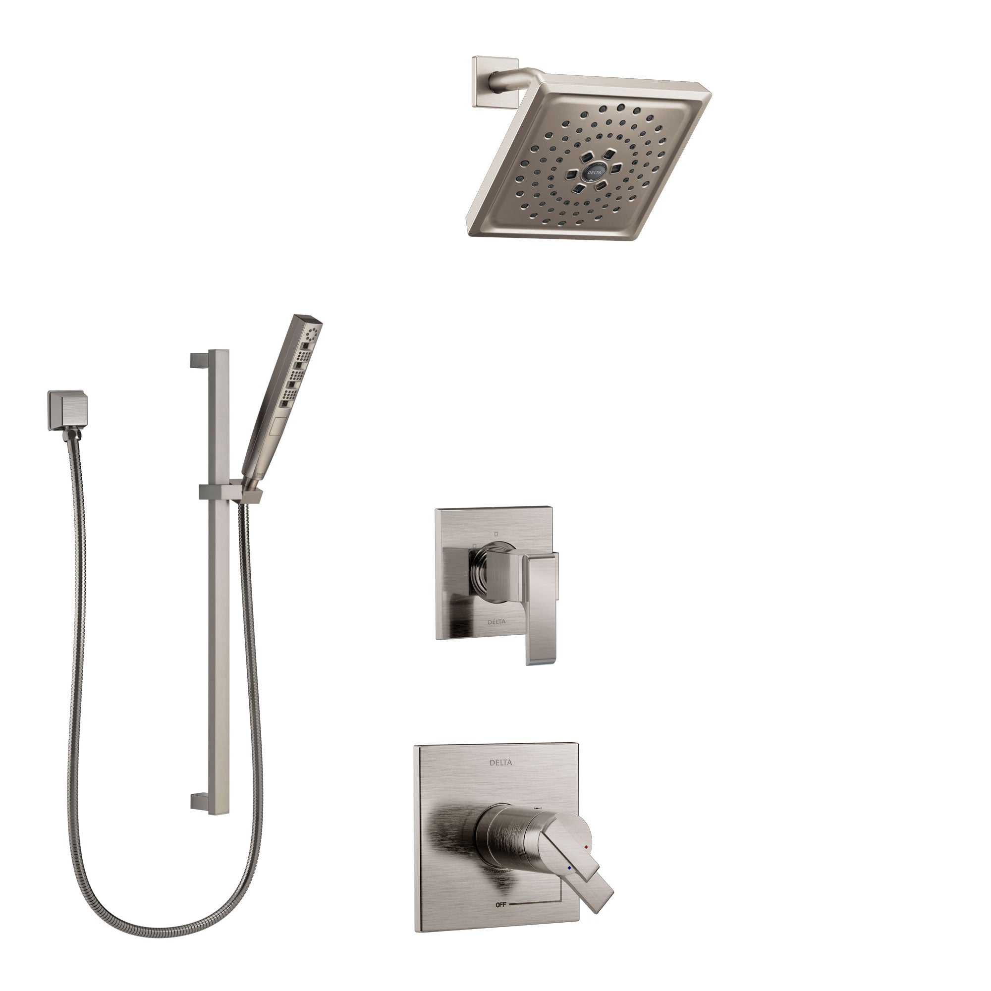 Delta Ara Dual Thermostatic Control Handle Stainless Steel Finish Shower System, Diverter, Showerhead, and Hand Shower with Slidebar SS17T672SS8