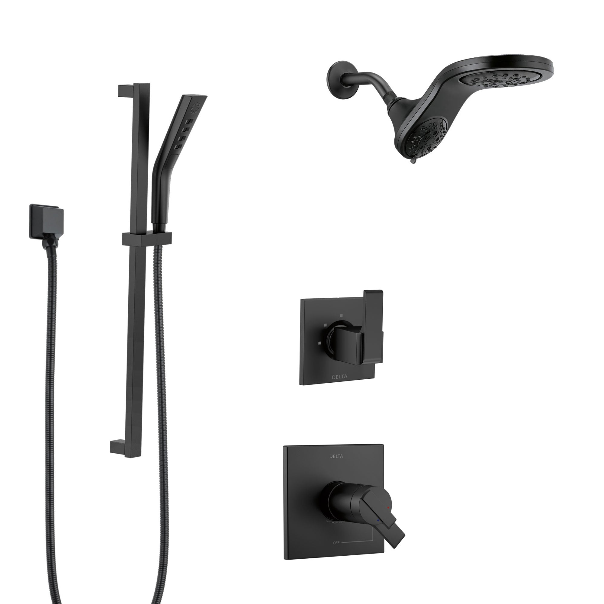 Delta Ara Matte Black Finish Modern Thermostatic Shower Diverter System with HydroRain Dual Showerhead and Hand Shower on Slidebar SS17T673BL13