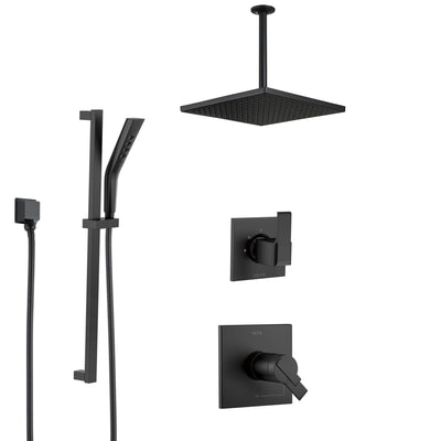 Delta Ara Matte Black Thermostatic Shower System with Diverter, Ceiling Mount Large Rain Square Showerhead, and Hand Shower on Slidebar SS17T673BL2