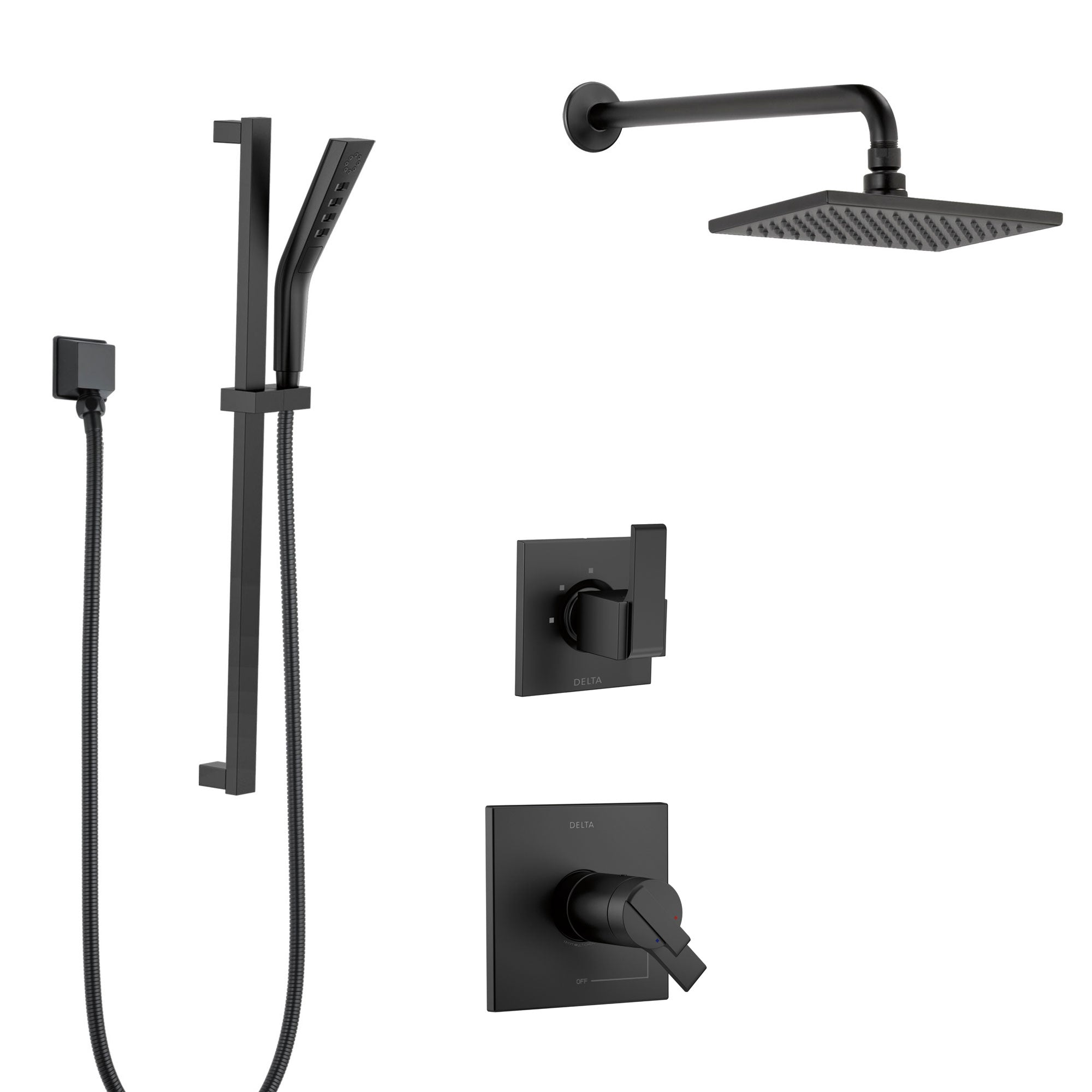 Delta Ara Matte Black Finish Modern Thermostatic Shower System with Large Wall Mounted Rain Showerhead and Hand Shower on Slidebar SS17T673BL4