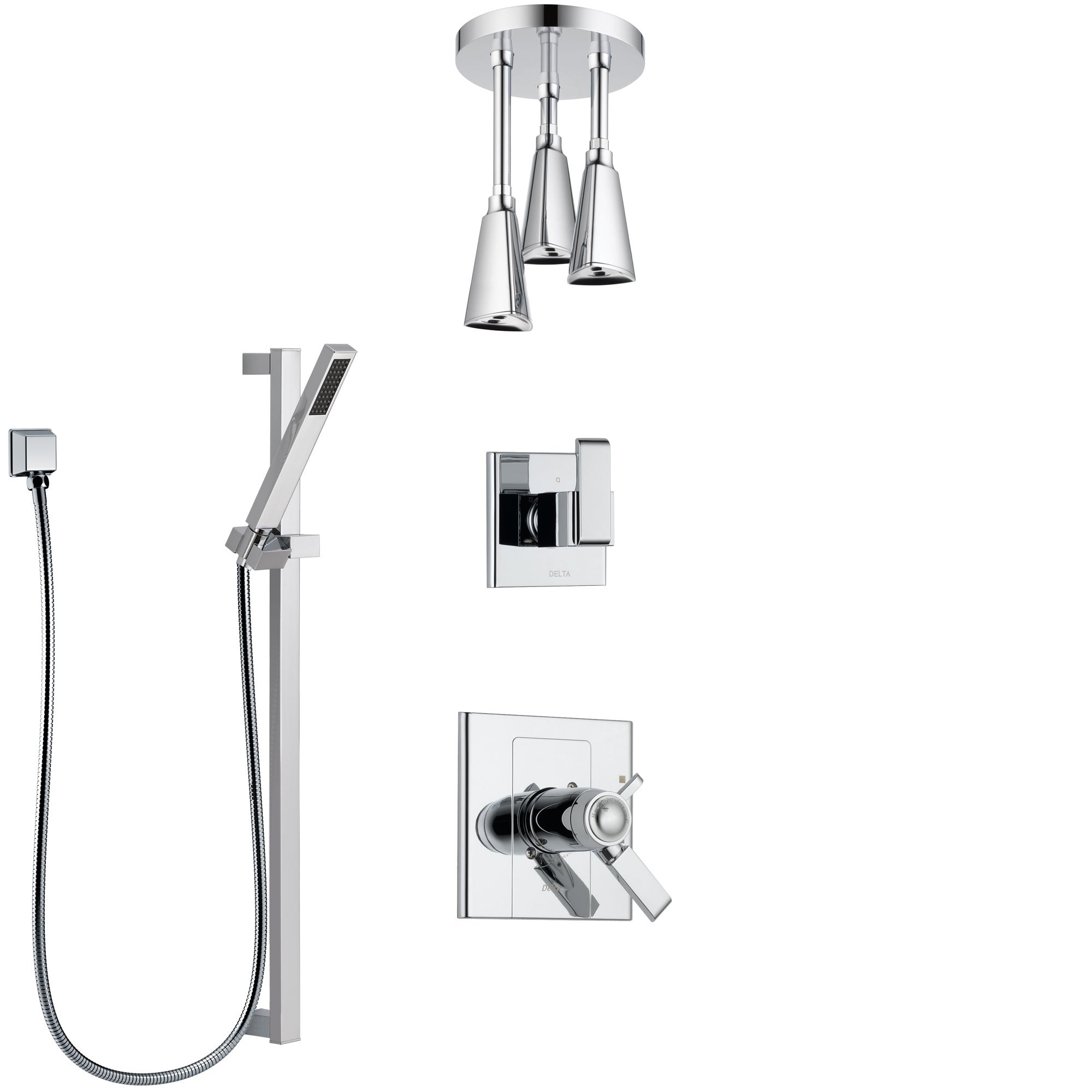 Delta Arzo Chrome Finish Shower System with Dual Thermostatic Control Handle, Diverter, Ceiling Mount Showerhead, and Hand Shower SS17T8614