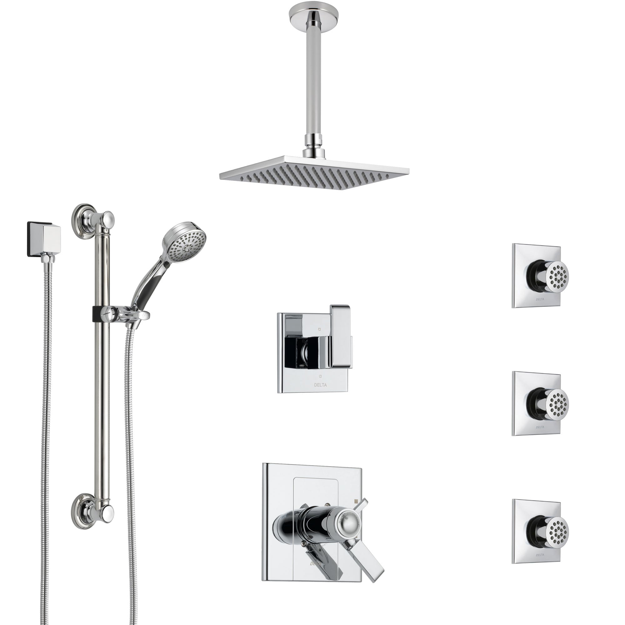 Delta Arzo Chrome Shower System with Dual Thermostatic Control, Diverter, Ceiling Mount Showerhead, 3 Body Sprays, and Grab Bar Hand Shower SS17T8621