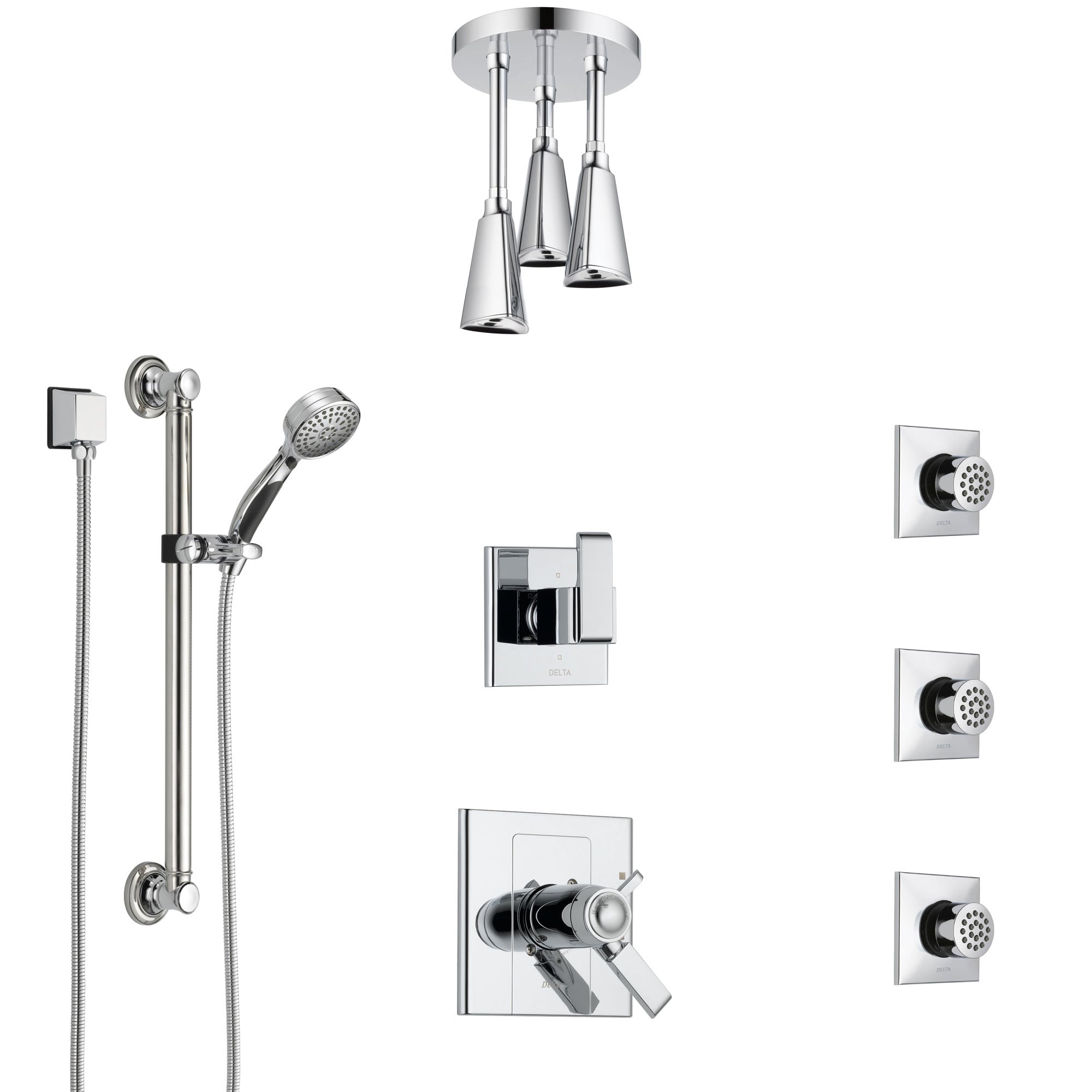 Delta Arzo Chrome Shower System with Dual Thermostatic Control, Diverter, Ceiling Mount Showerhead, 3 Body Sprays, and Grab Bar Hand Shower SS17T8624