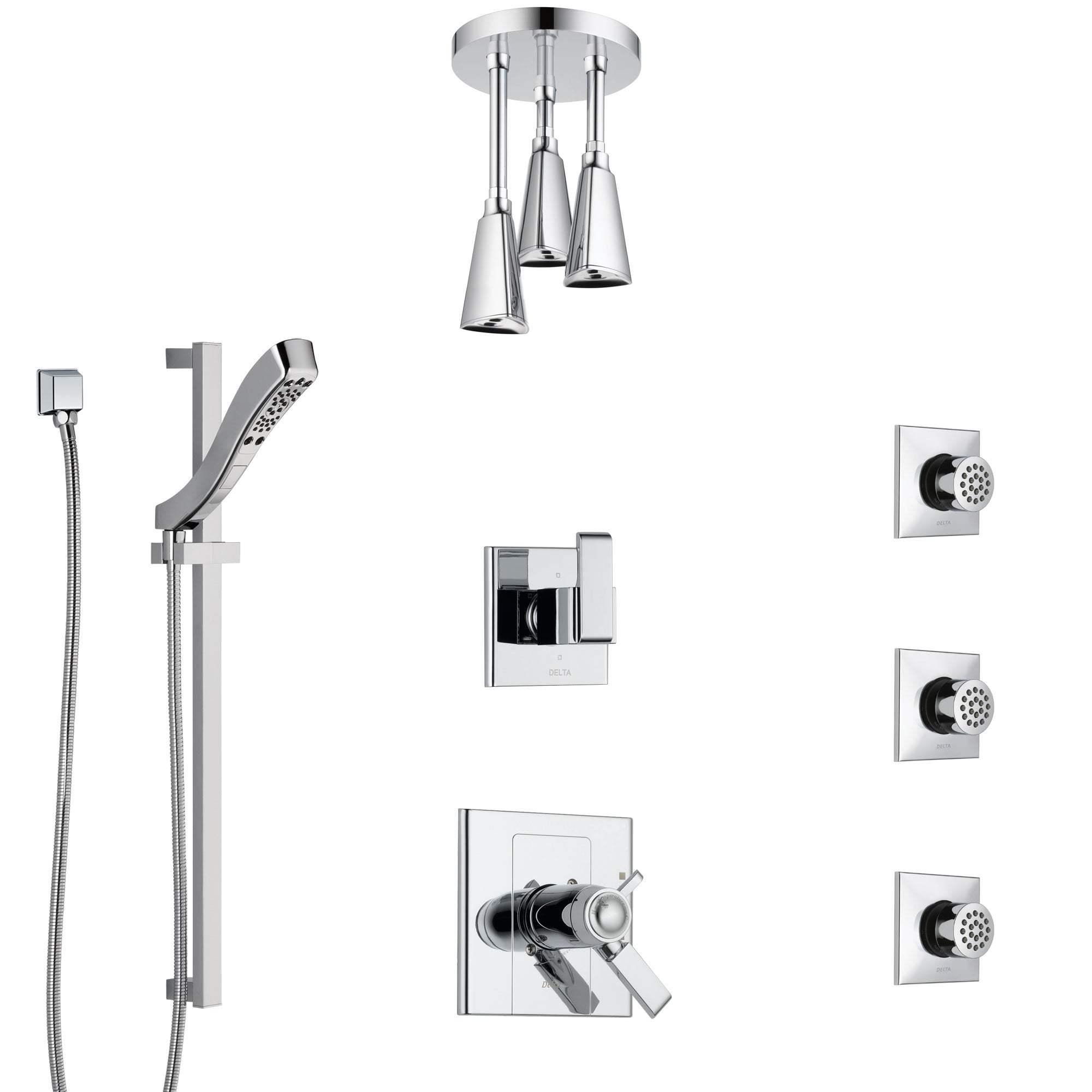 Delta Arzo Chrome Shower System with Dual Thermostatic Control, 6-Setting Diverter, Ceiling Mount Showerhead, 3 Body Sprays, and Hand Shower SS17T8625