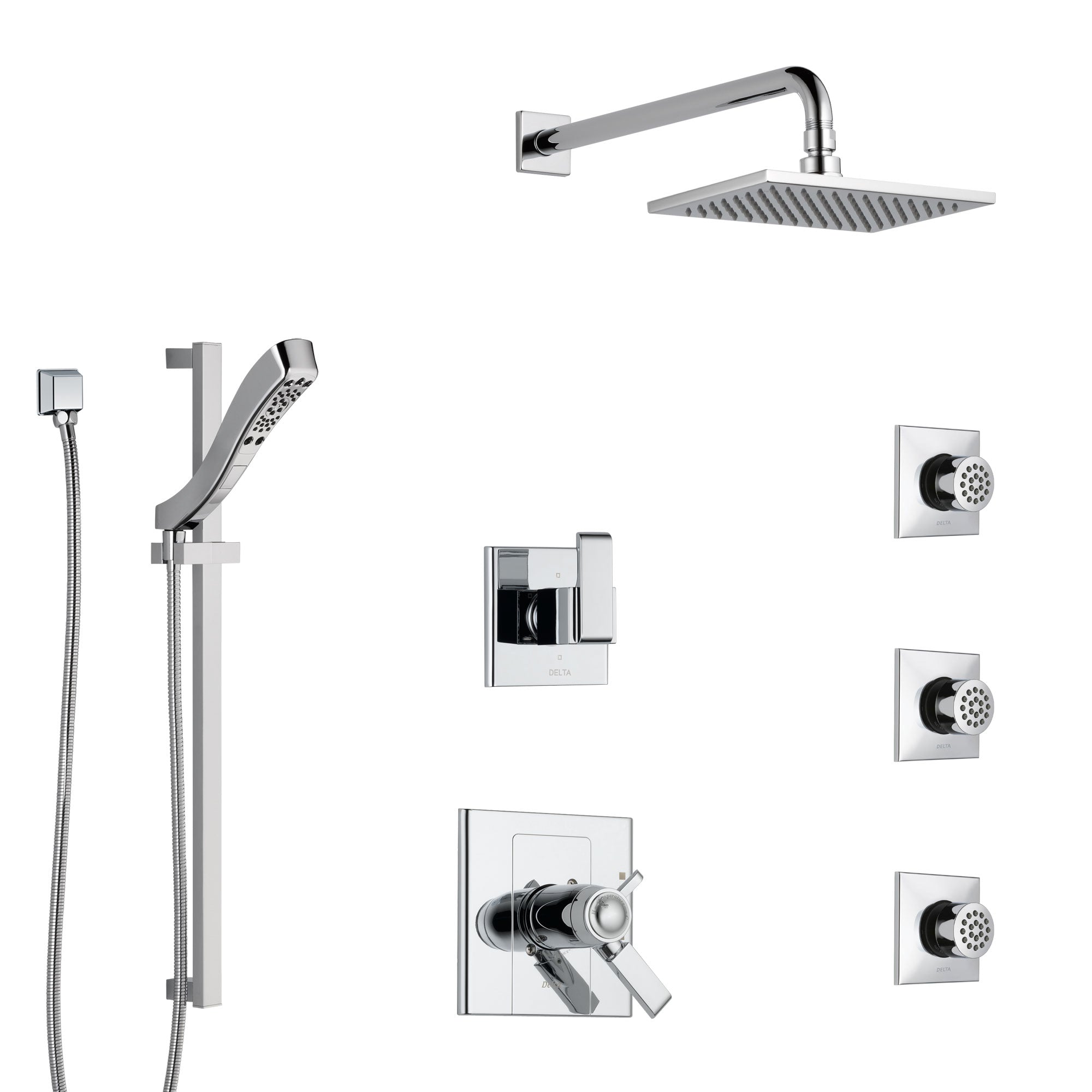Delta Arzo Chrome Finish Shower System with Dual Thermostatic Control Handle, 6-Setting Diverter, Showerhead, 3 Body Sprays, and Hand Shower SS17T8626