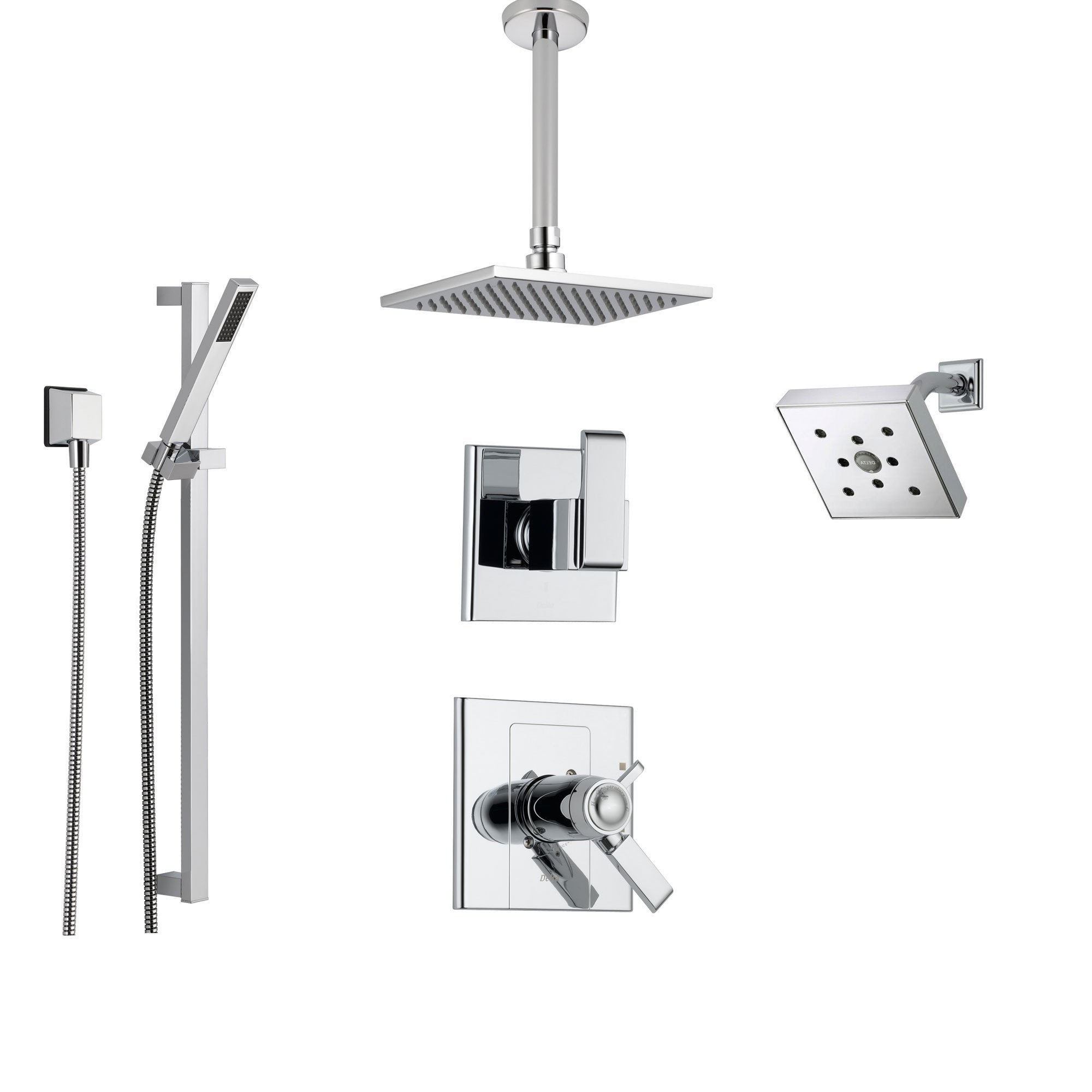 Delta Arzo Chrome Shower System with Thermostatic Shower Handle, 6-setting Diverter, Modern Square Shower Head, Handheld Shower, and Wall Mount Showerhead SS17T8691