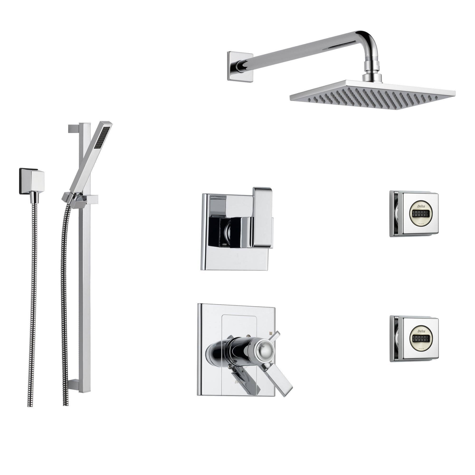 Delta Arzo Chrome Shower System with Thermostatic Shower Handle, 6-setting Diverter, Modern Square Rain Showerhead, Hand Shower Spray, and 2 Body Sprays SS17T8692
