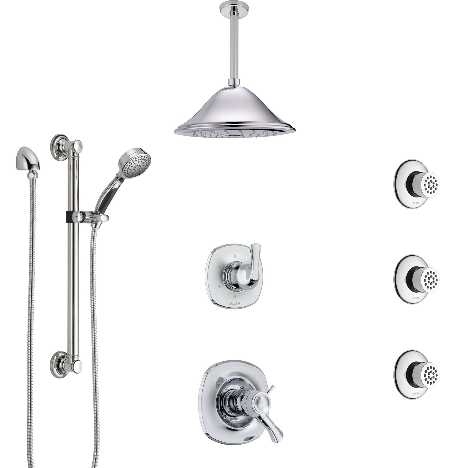 Delta Addison Chrome Shower System with Dual Thermostatic Control, Diverter, Ceiling Showerhead, 3 Body Sprays, and Grab Bar Hand Shower SS17T9223
