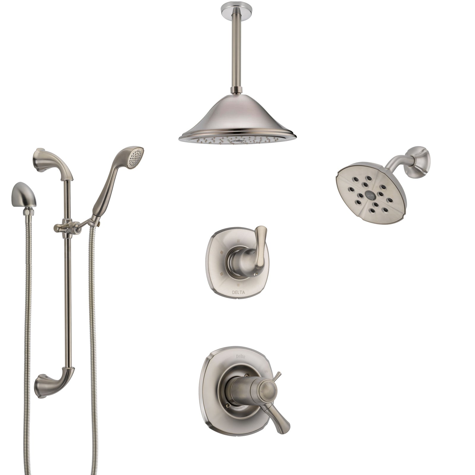 Delta Addison Dual Thermostatic Control Stainless Steel Finish Shower System, Diverter, Showerhead, Ceiling Showerhead, and Hand Shower SS17T922SS2