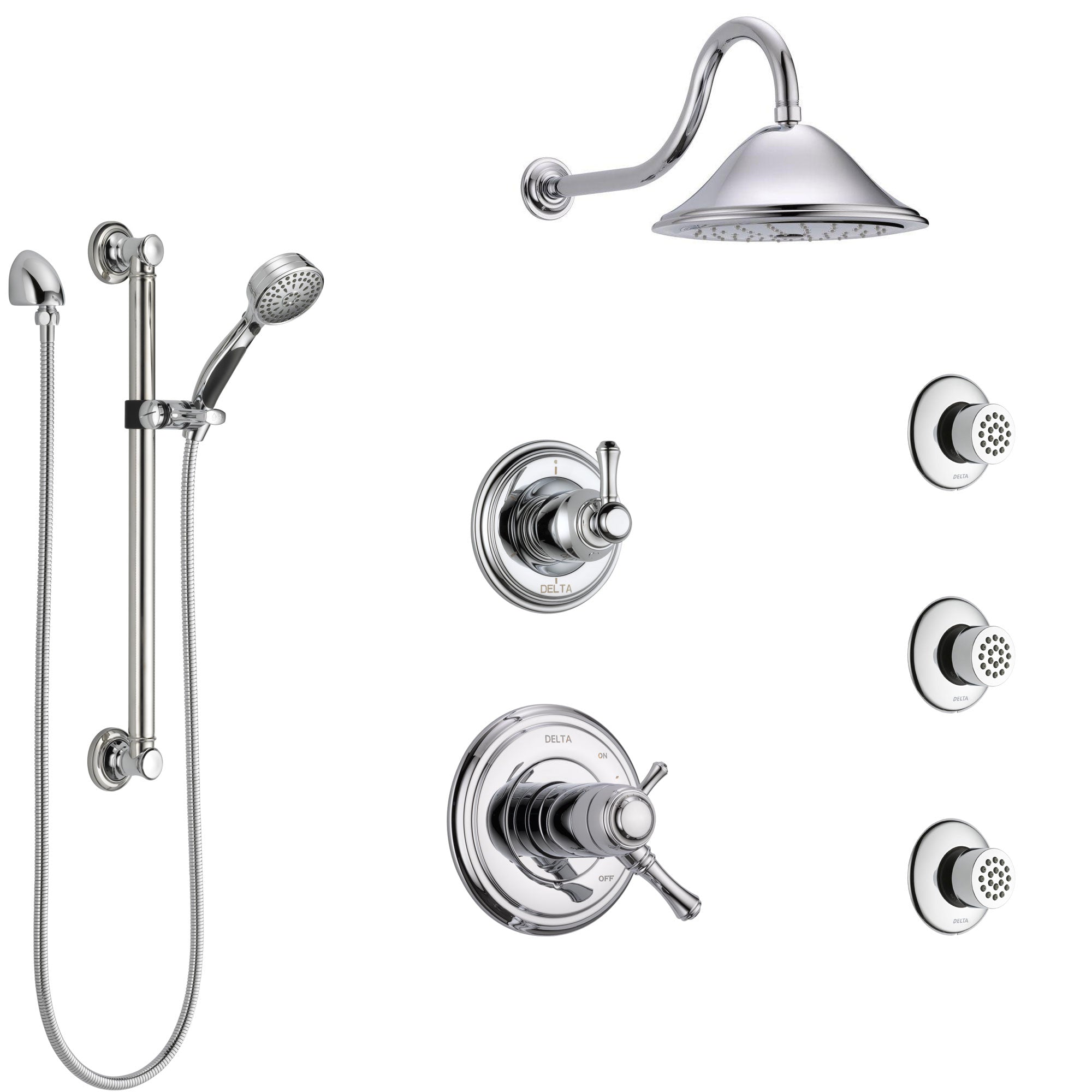 Delta Cassidy Chrome Shower System with Dual Thermostatic Control, Diverter, Showerhead, 3 Body Sprays, and Hand Shower with Grab Bar SS17T9712