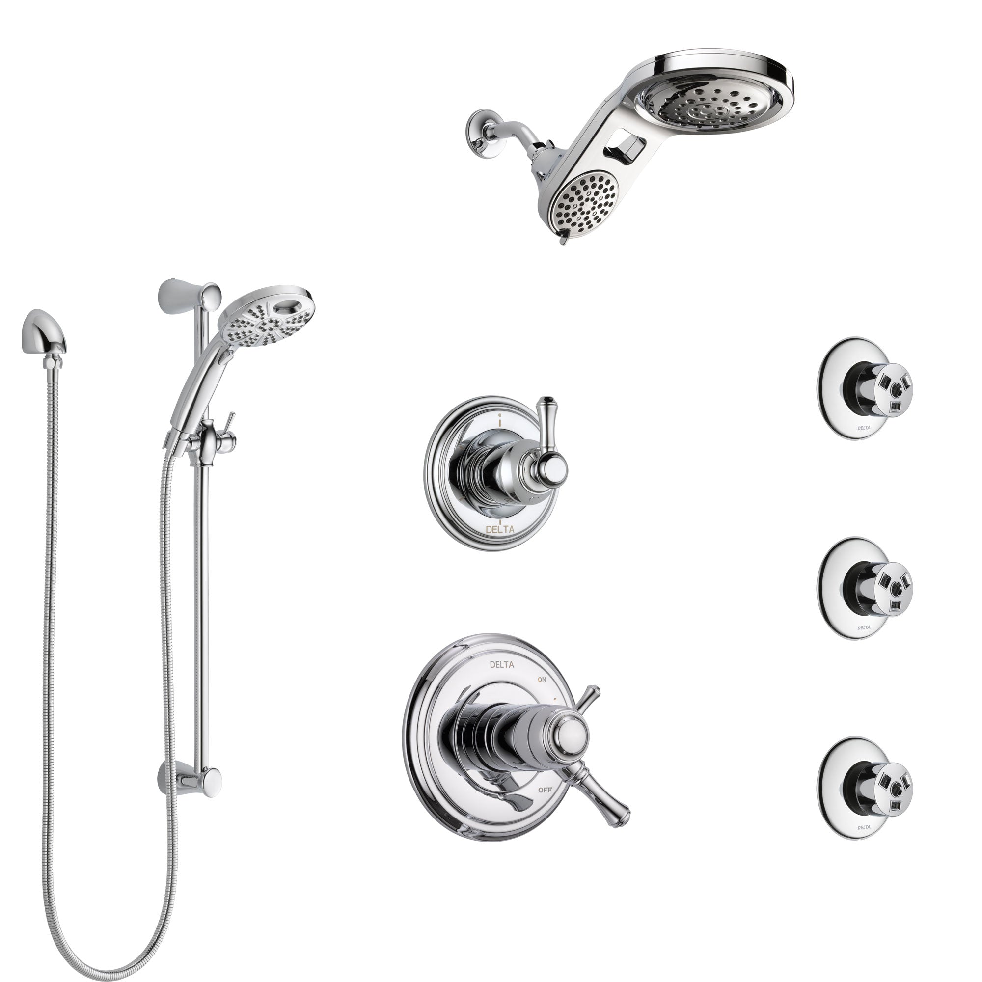 Delta Cassidy Chrome Shower System with Dual Thermostatic Control, 6-Setting Diverter, Dual Showerhead, 3 Body Sprays, & Temp2O Hand Shower SS17T9715