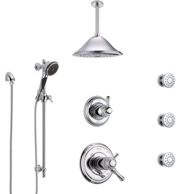 Delta Cassidy Chrome Shower System with Dual Thermostatic Control, Diverter, Ceiling Mount Showerhead, 3 Body Sprays, and Hand Shower SS17T9717