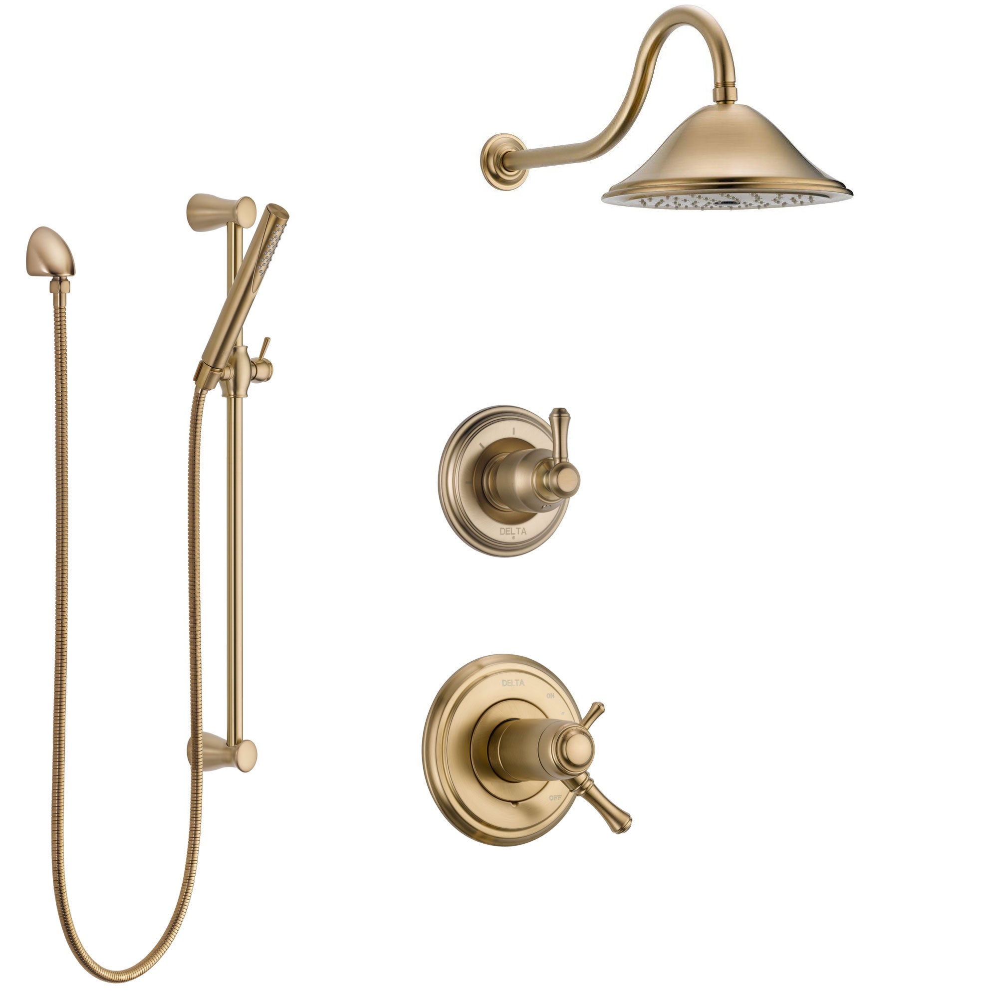 Delta Cassidy Champagne Bronze Shower System with Dual Thermostatic Control Handle, Diverter, Showerhead, and Hand Shower with Slidebar SS17T971CZ2