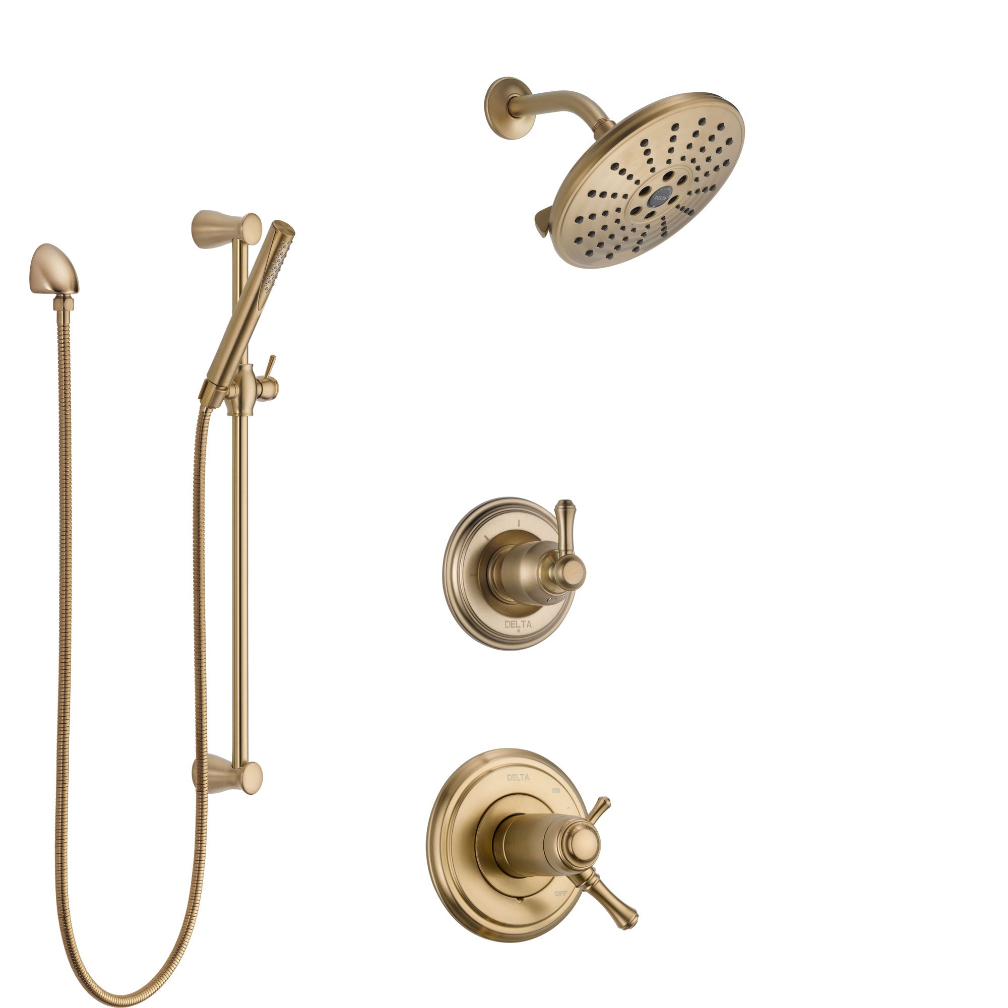 Delta Cassidy Champagne Bronze Shower System with Dual Thermostatic Control Handle, Diverter, Showerhead, and Hand Shower with Slidebar SS17T971CZ7
