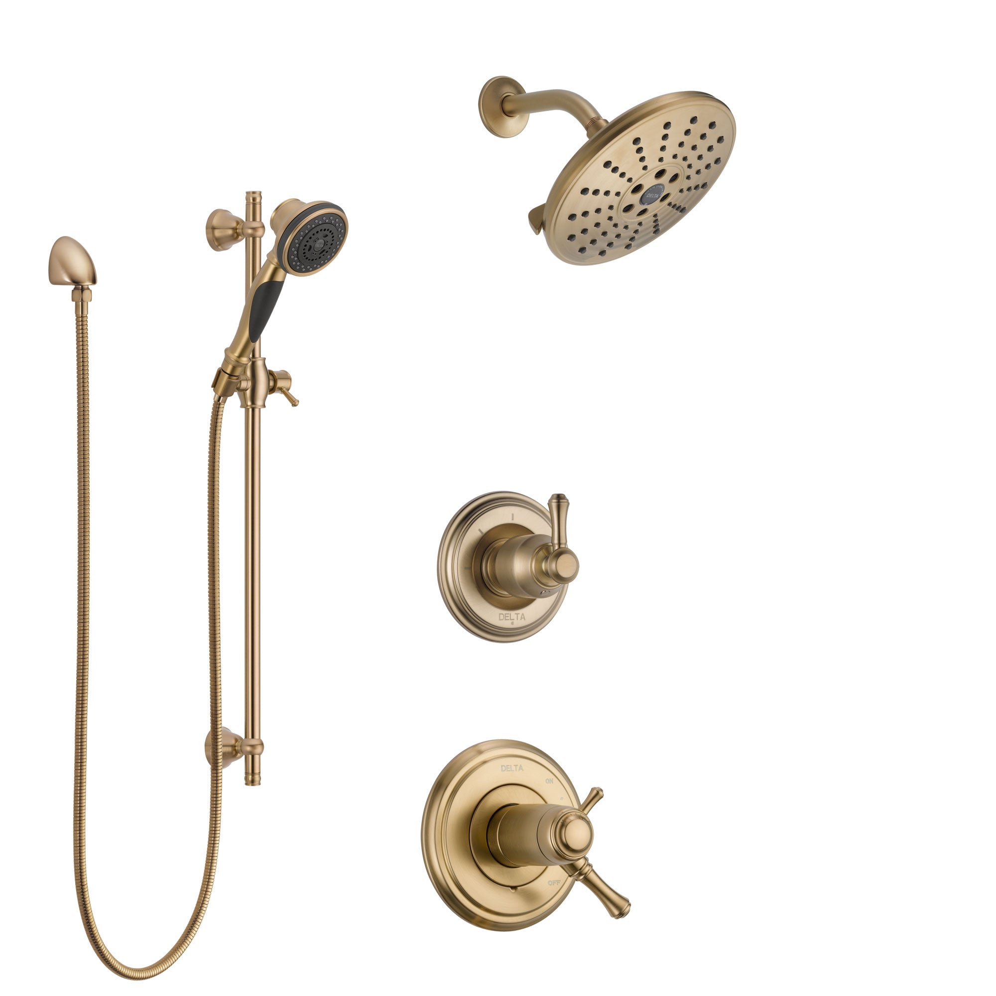 Delta Cassidy Champagne Bronze Shower System with Dual Thermostatic Control Handle, Diverter, Showerhead, and Hand Shower with Slidebar SS17T971CZ8