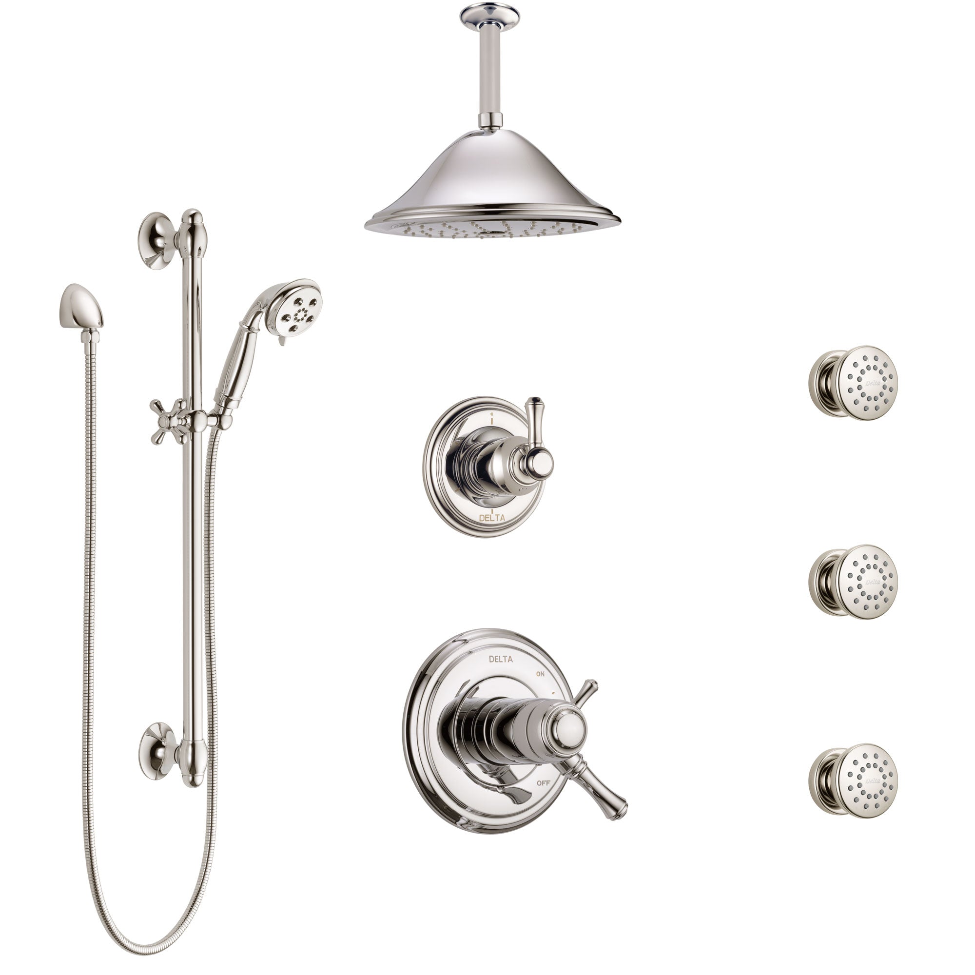Delta Cassidy Polished Nickel Shower System with Dual Thermostatic Control, Diverter, Ceiling Showerhead, 3 Body Sprays, and Hand Shower SS17T971PN1