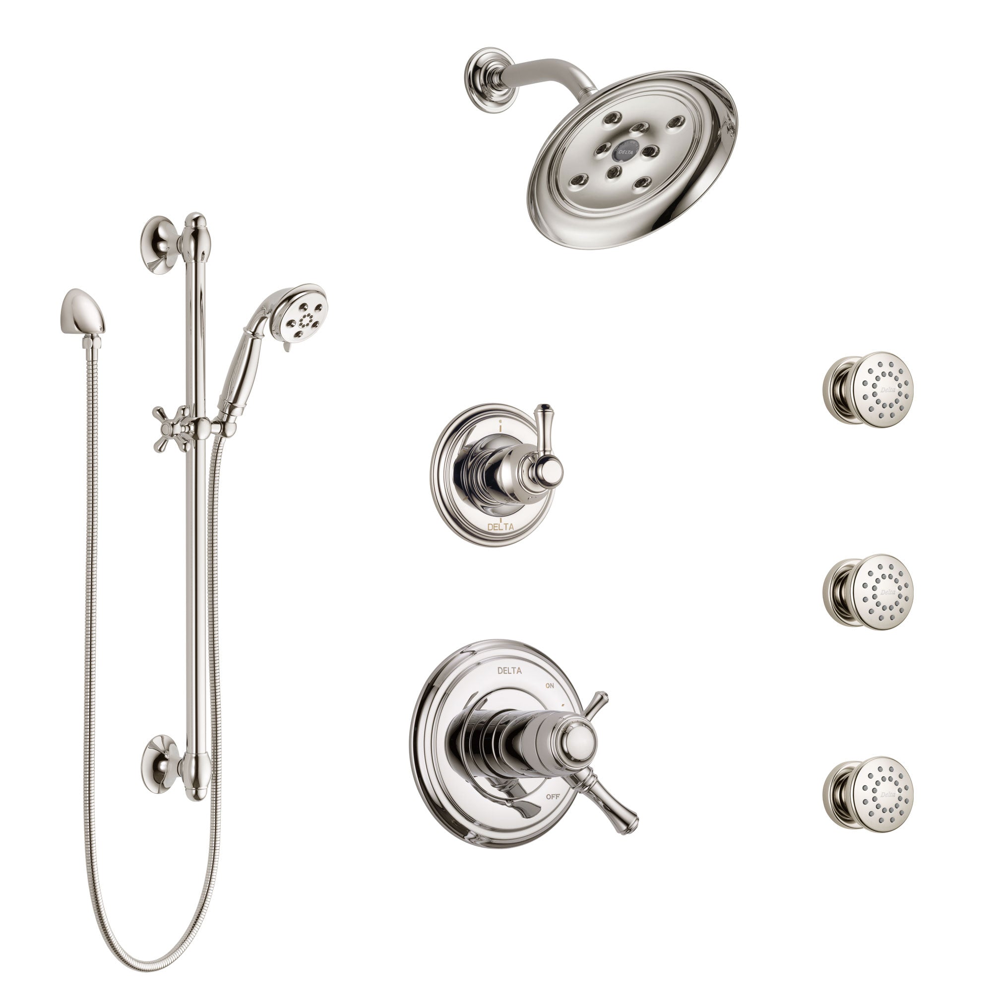 Delta Cassidy Polished Nickel Shower System with Dual Thermostatic Control, 6-Setting Diverter, Showerhead, 3 Body Sprays, and Hand Shower SS17T971PN5