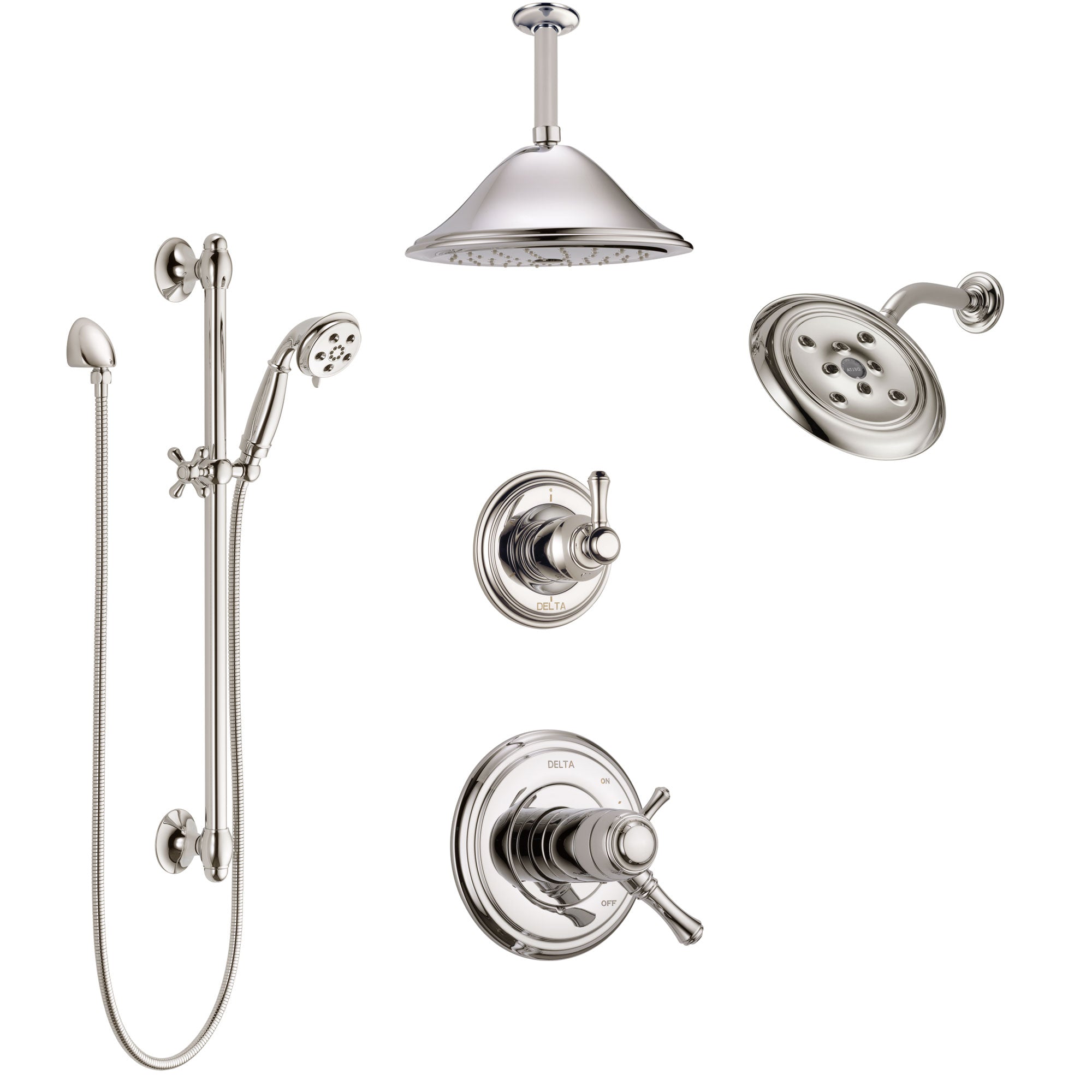 Delta Cassidy Polished Nickel Shower System with Dual Thermostatic Control, Diverter, Showerhead, Ceiling Showerhead, and Hand Shower SS17T971PN6