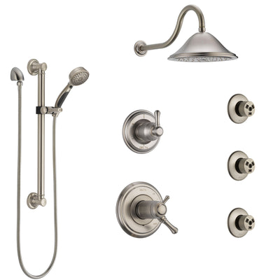 Delta Cassidy Dual Thermostatic Control Stainless Steel Finish Shower System, Diverter, Showerhead, 3 Body Sprays, and Grab Bar Hand Spray SS17T971SS2