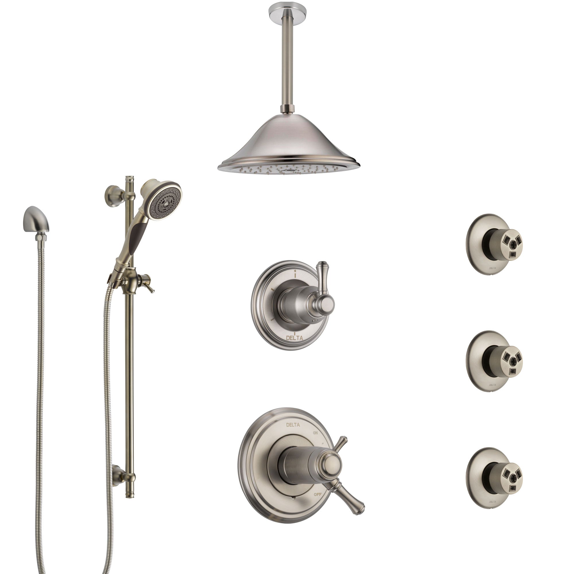 Delta Cassidy Dual Thermostatic Control Stainless Steel Finish Shower System, Diverter, Ceiling Showerhead, 3 Body Sprays, and Hand Shower SS17T971SS4